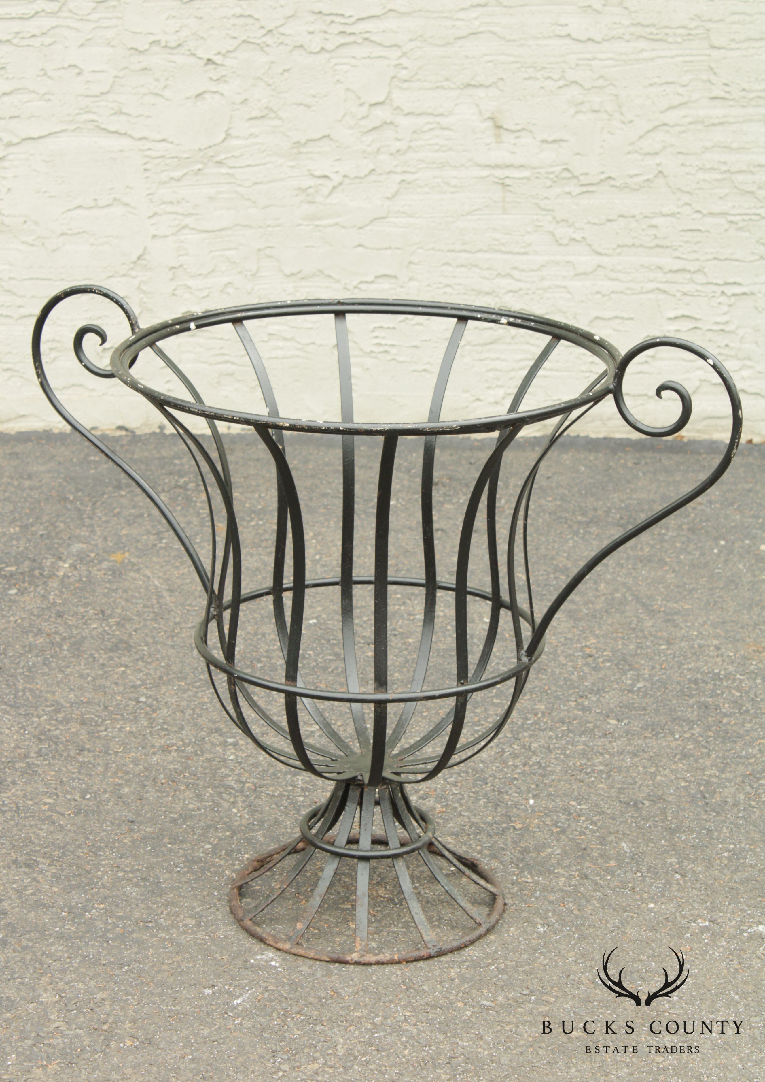 Vintage Pair Wrought Iron Garden Urn Topiary Planters