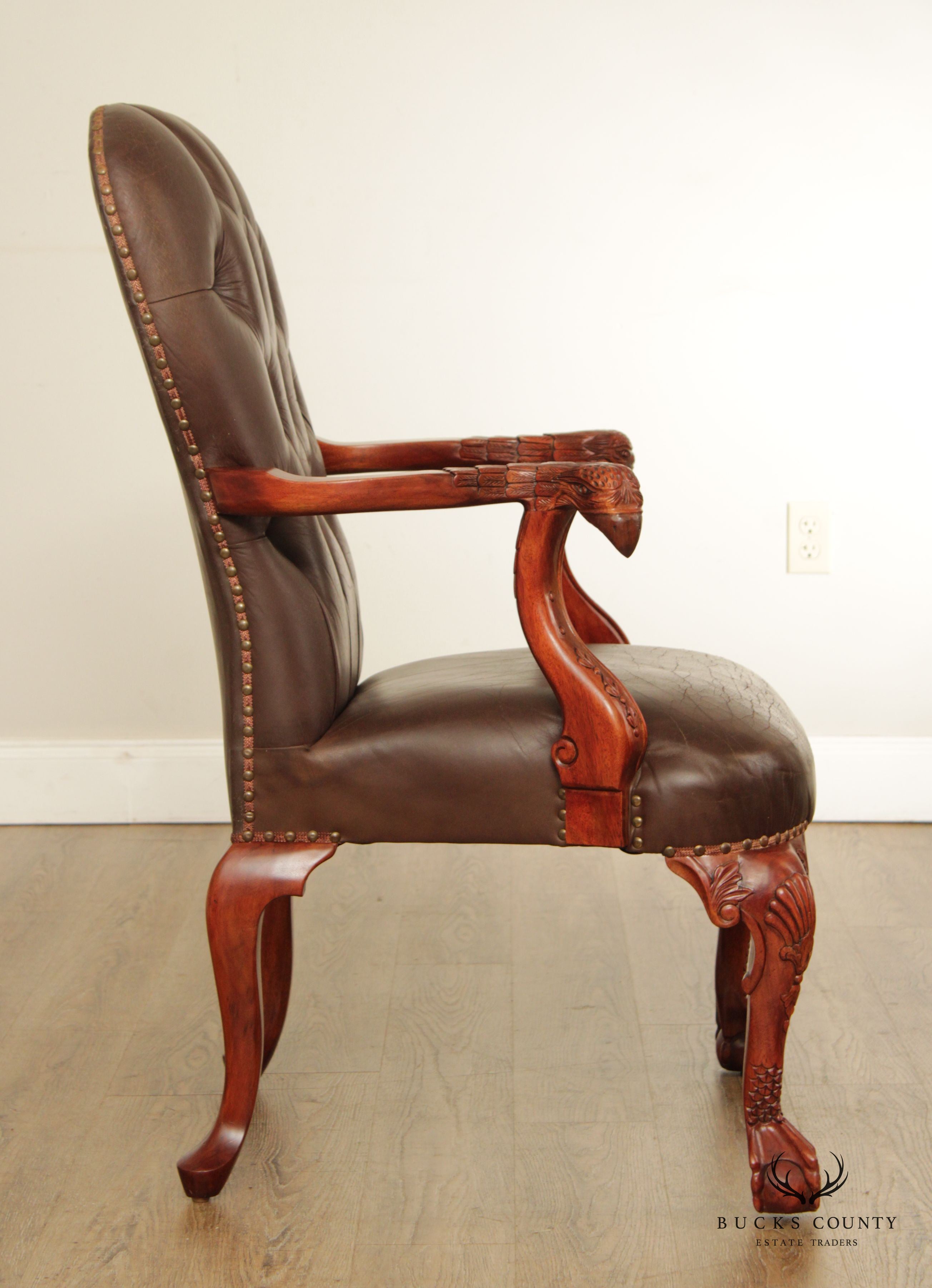 Georgian Chippendale Style Eagle Carved Leather Armchair