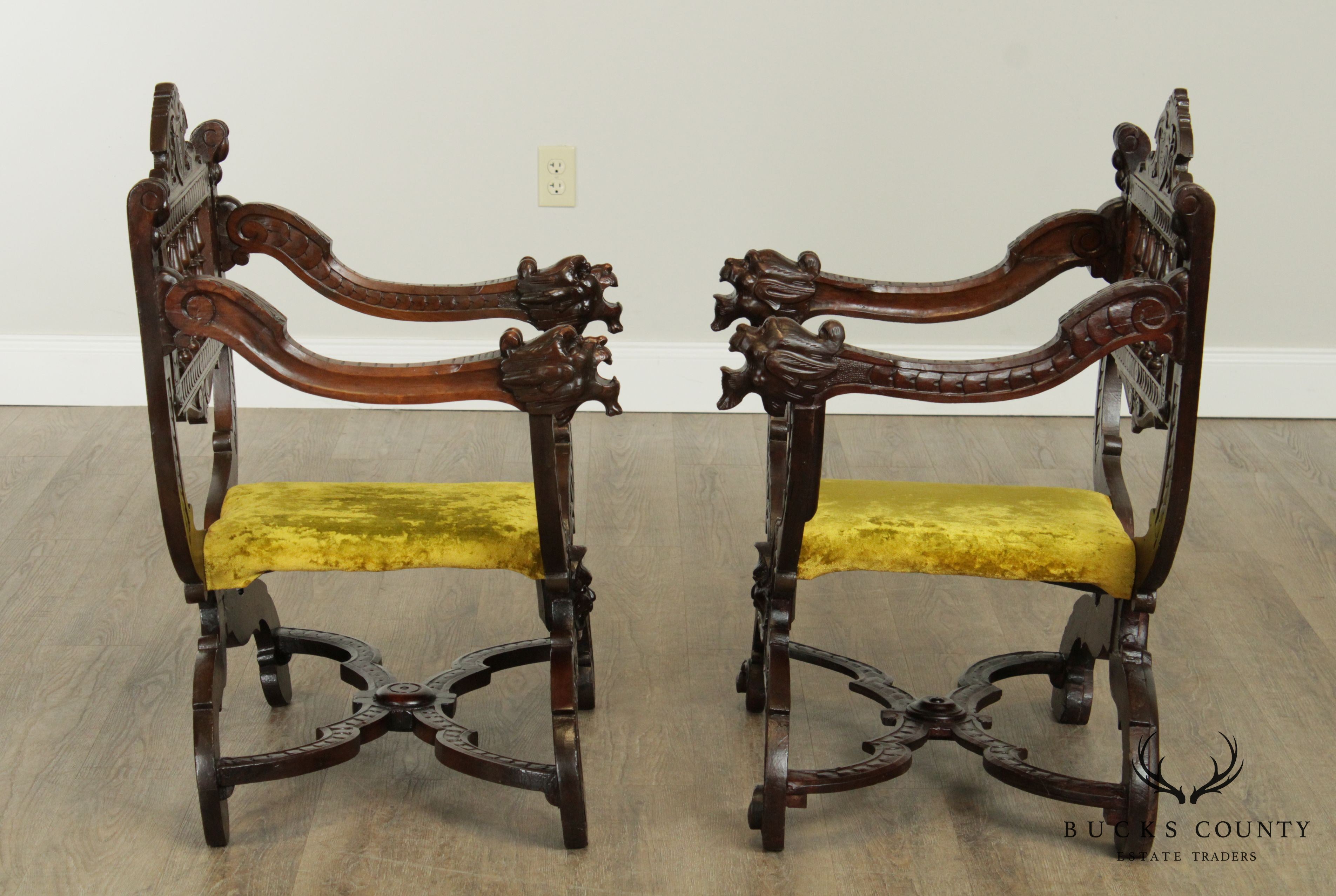 Antique Italian Renaissance Style Style Pair Carved Savonarola Armchairs