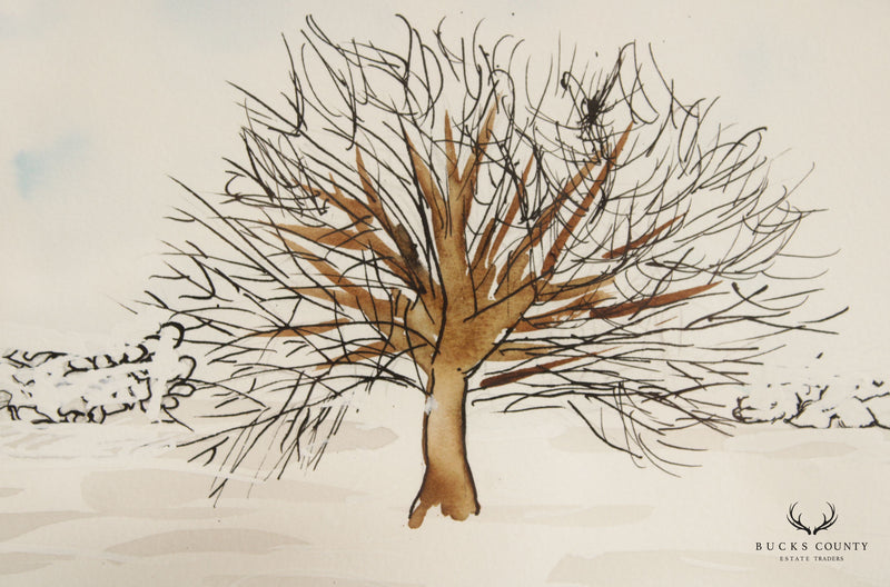 Vintage 20th C. Illustrative Winter Tree Watercolor Drawing