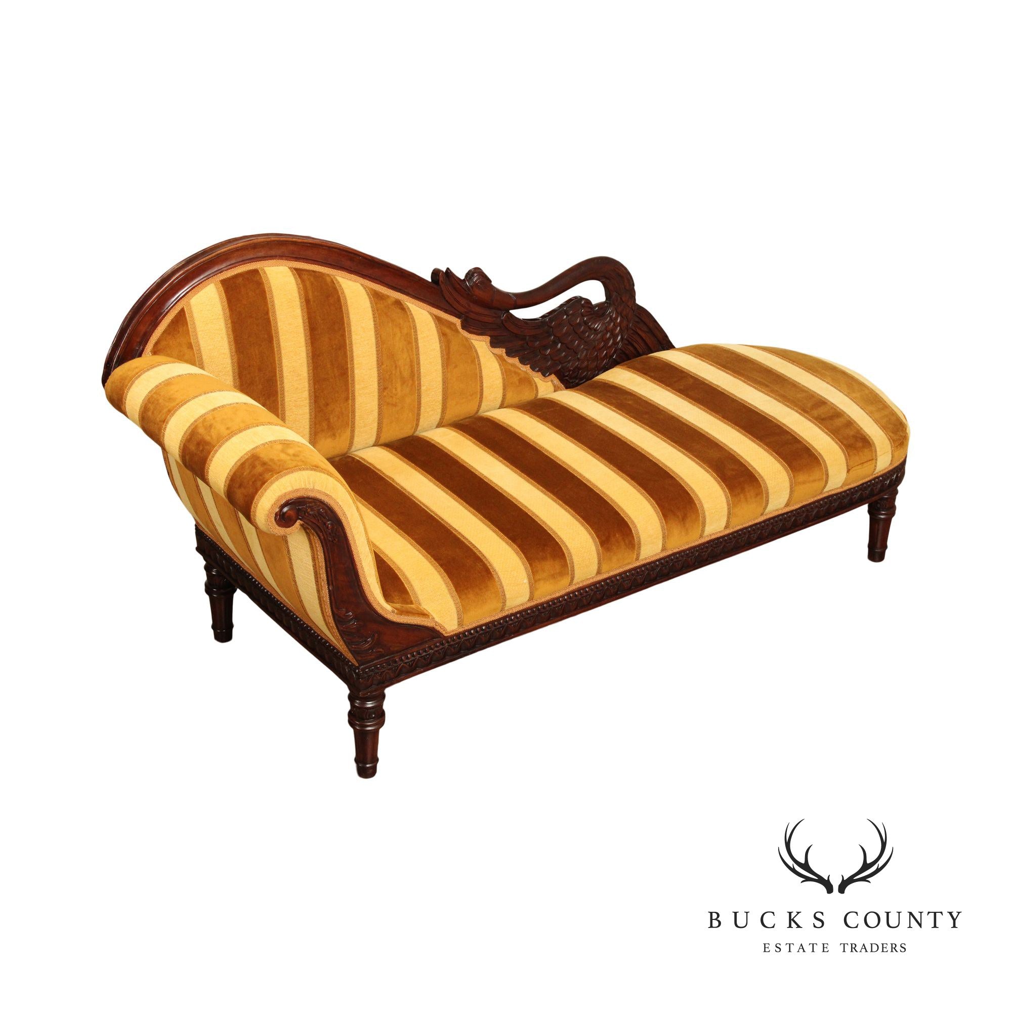 Empire Style Mahogany Swan Carved Fainting Couch Chaise Lounge