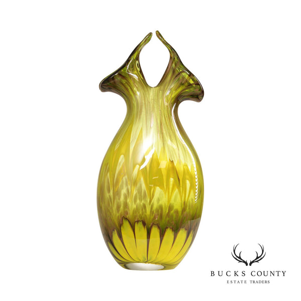 Mid Century Modern Hand Blown Green Art Glass Vase