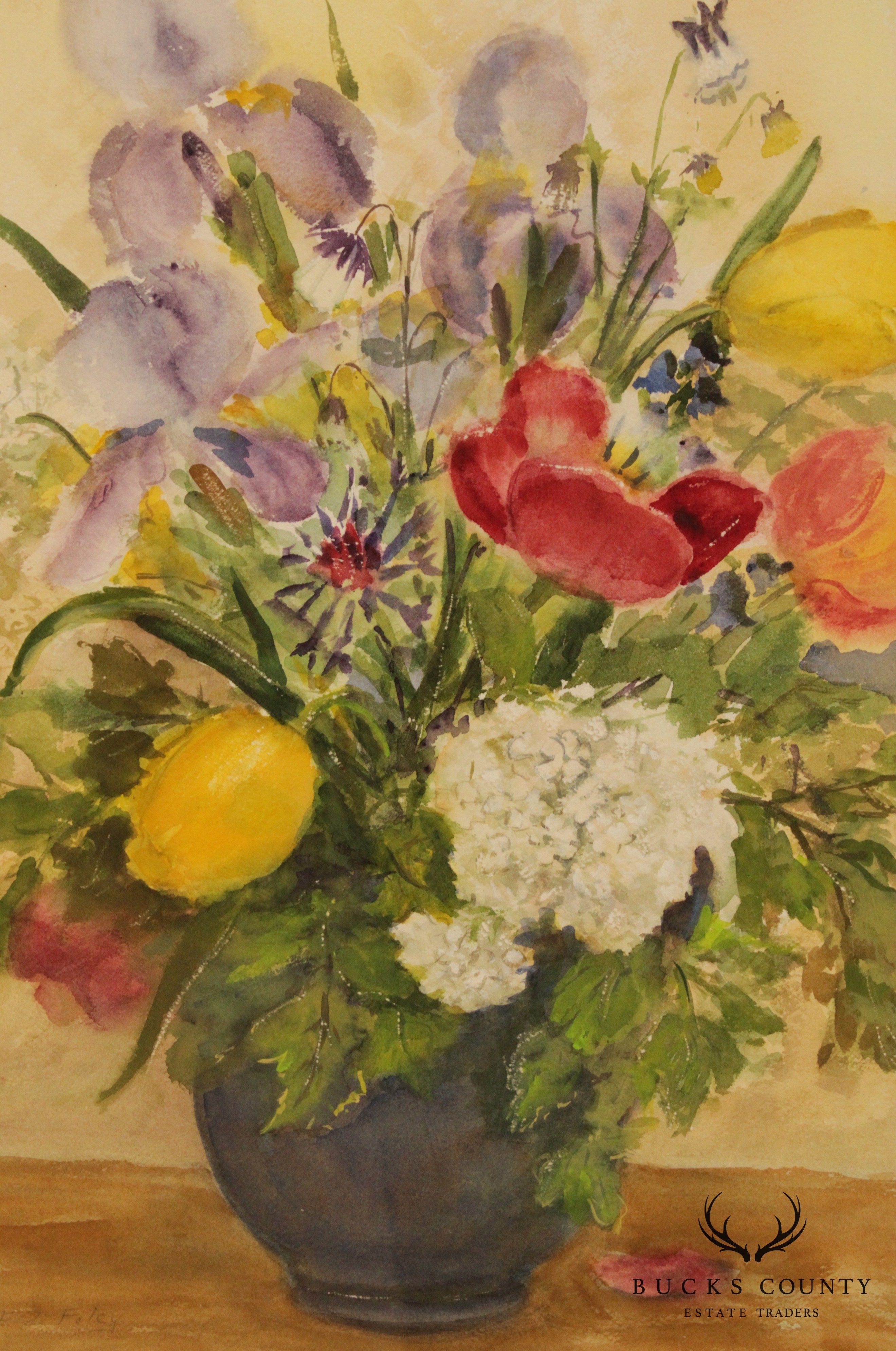 EZ Foley Original Still Life Water Color Painting of Flowers in Vase