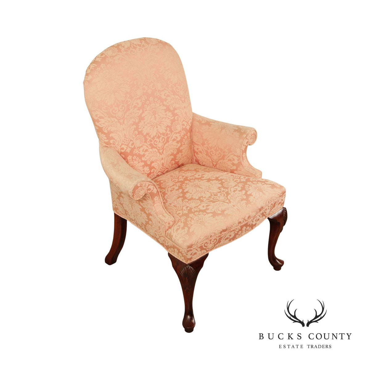 Queen Anne Style Custom Upholstered Carved Mahogany Armchair