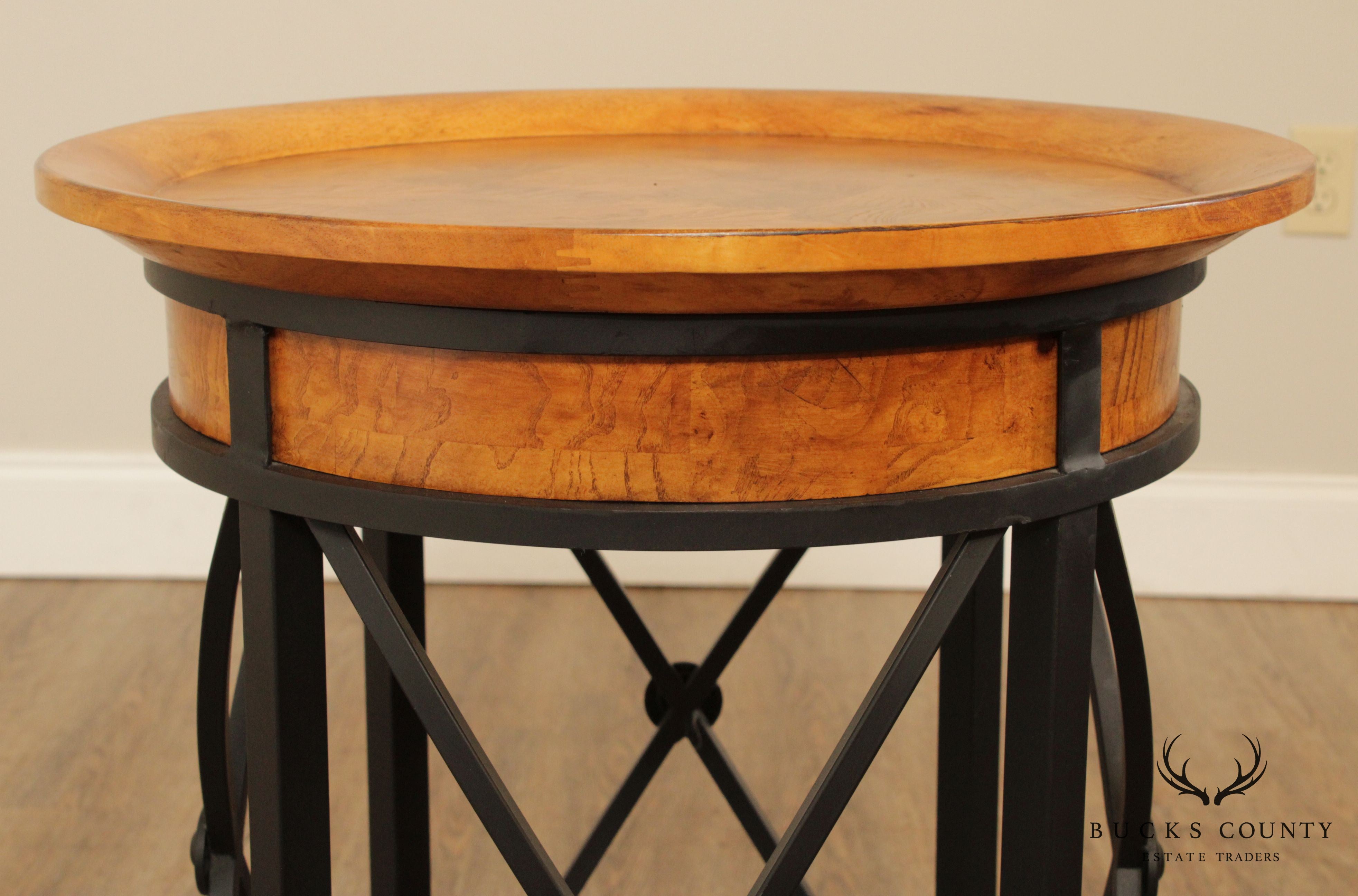 Round Iron and Burled Wood Pair Side Tables