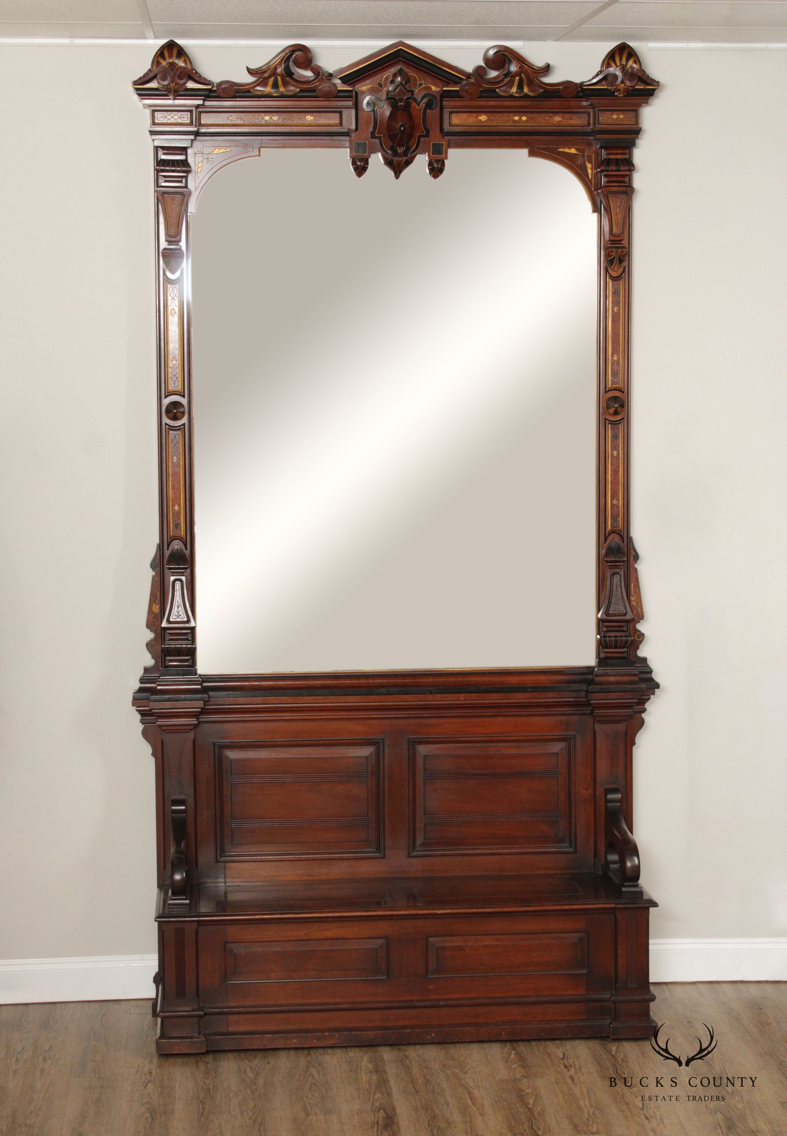 Monumental American Victorian Renaissance Carved Walnut Hall Bench With Mirror