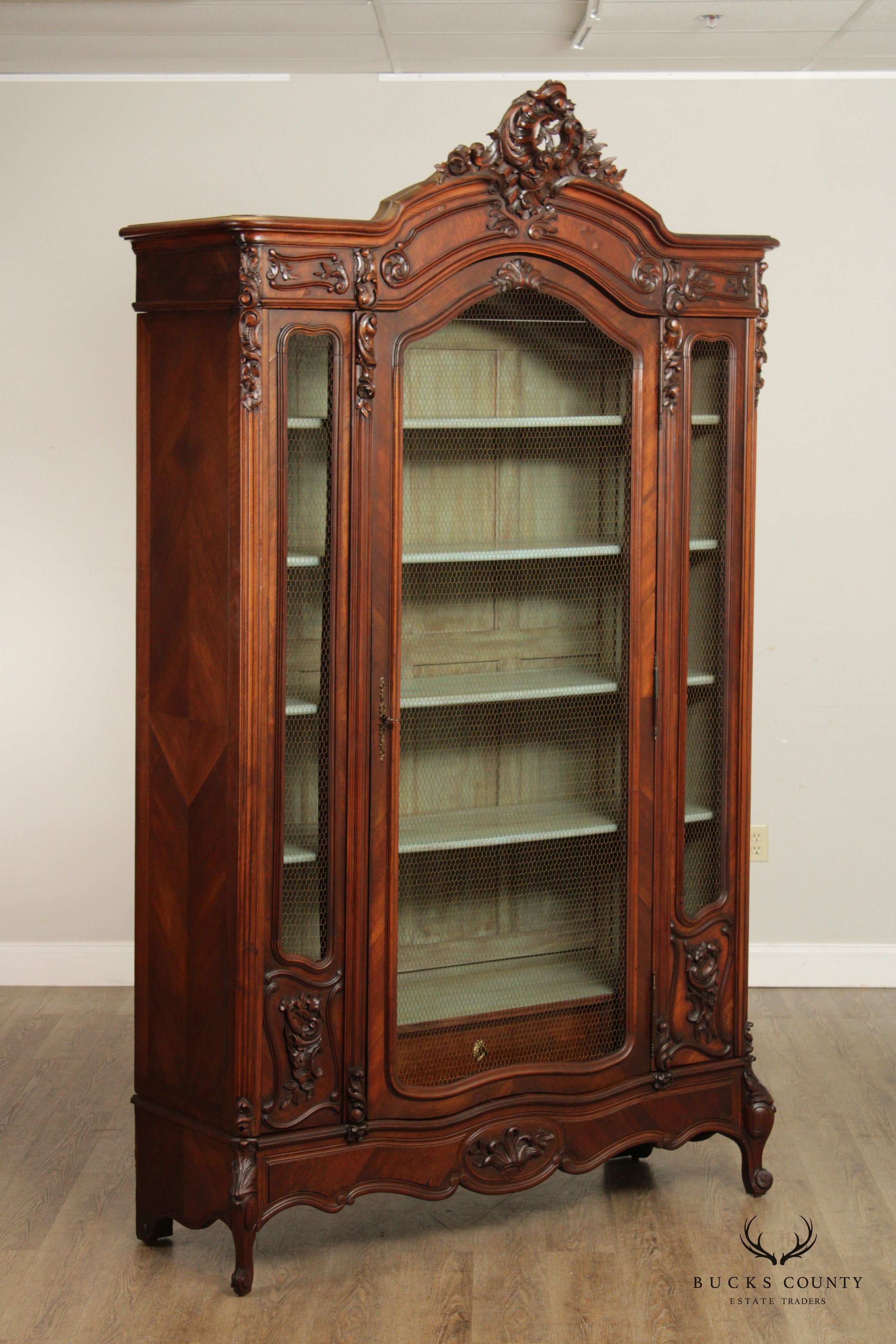 French Louis XV Style Antique Carved Walnut Bookcase