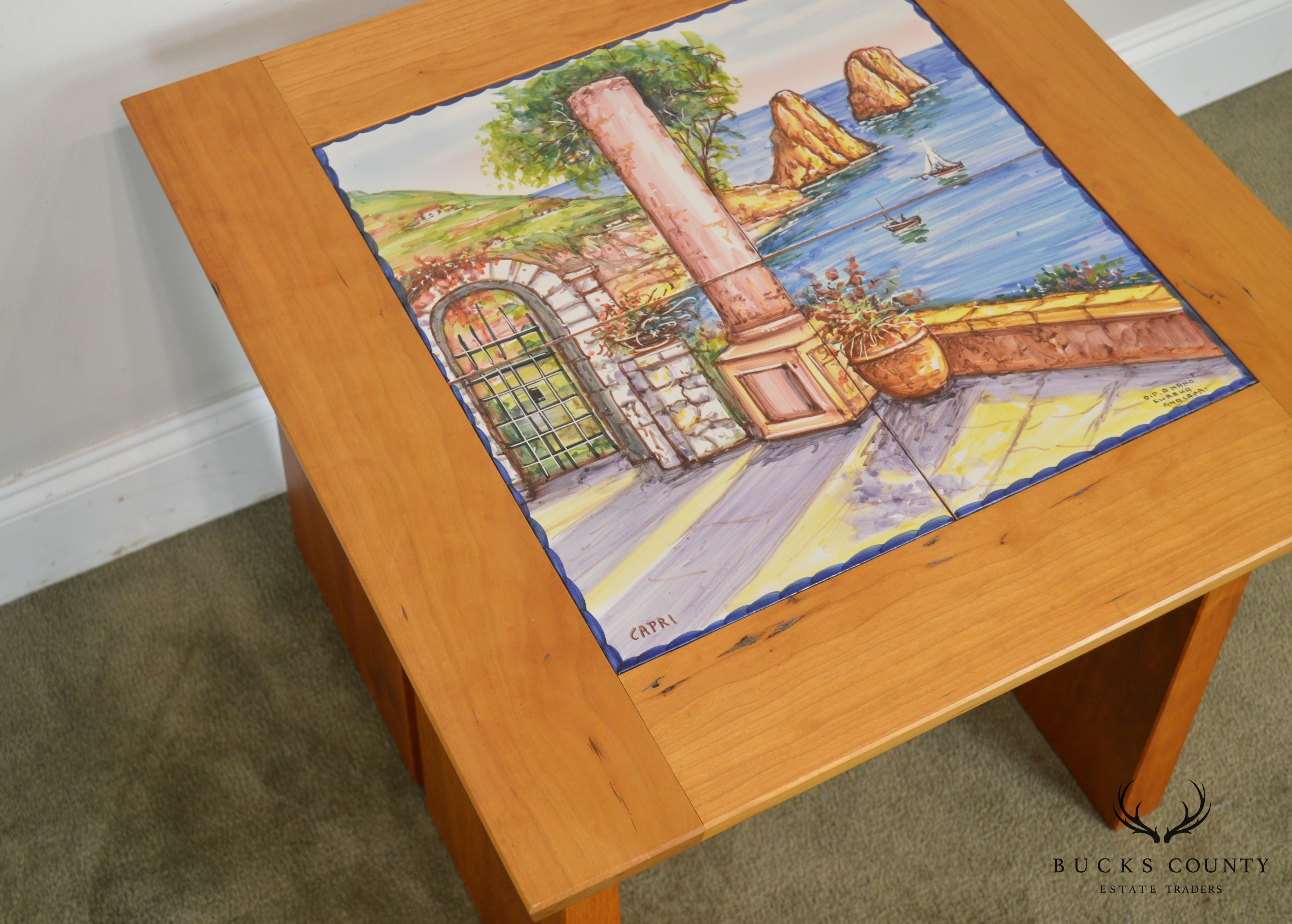 Studio Crafted Solid Cherry Square Side Tables W/ Hand Painted Italian Capri Tiles