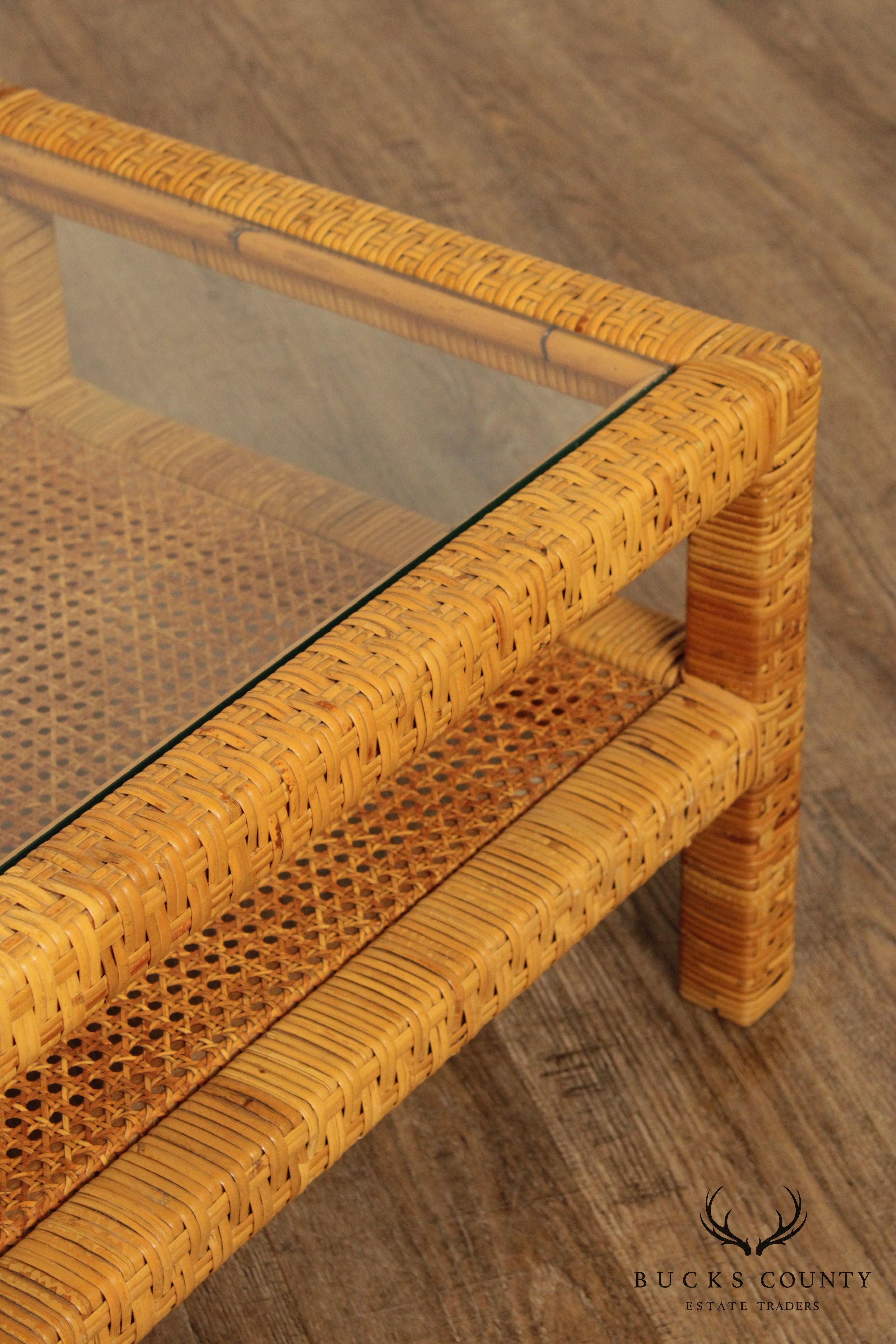 Vintage Wicker Rattan Glass Top Coffee Table