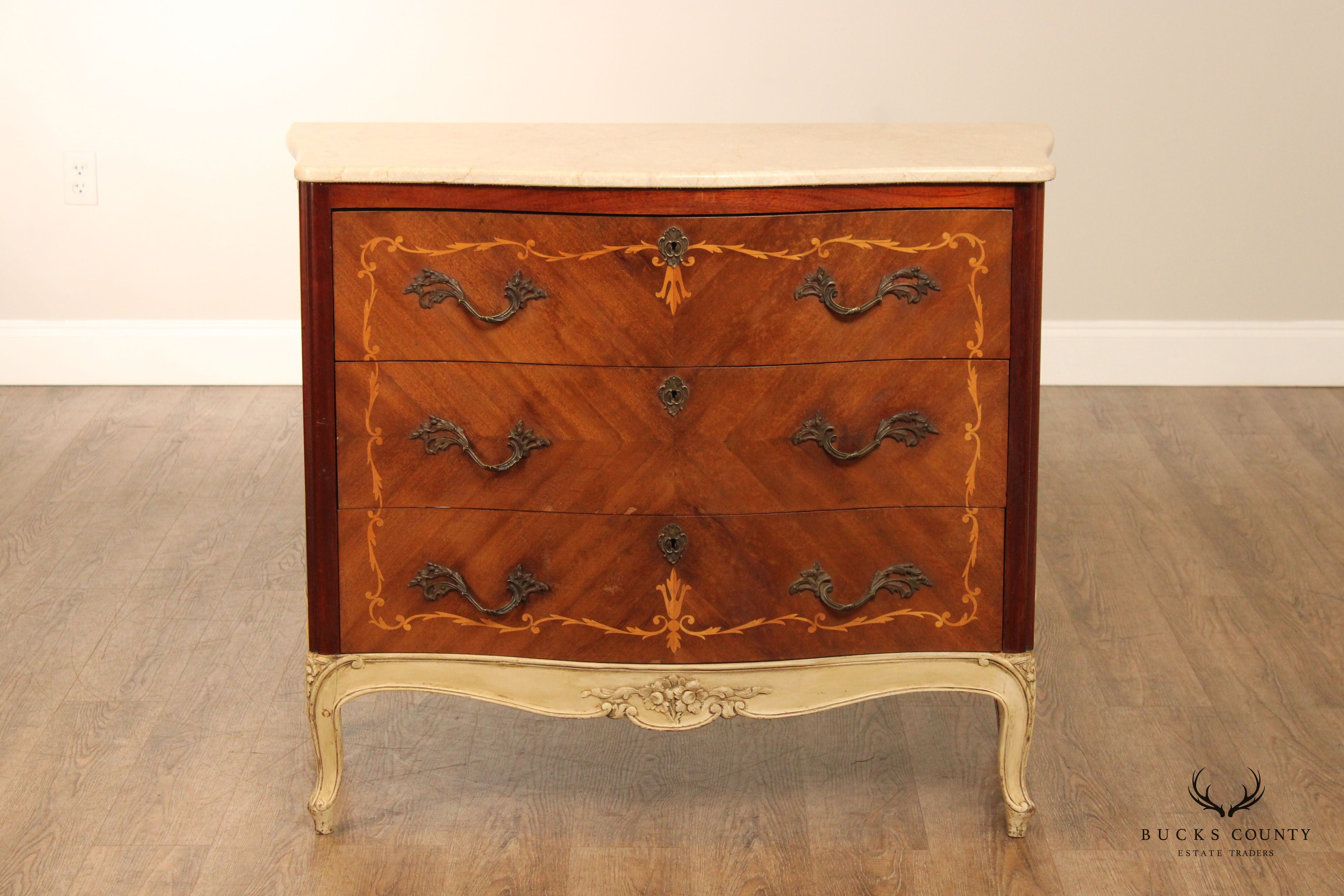 1920's French Marquetry Inlaid Marble Top Chest of Drawers