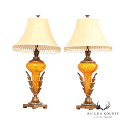 Neoclassical Style Pair of Amber Glass Faux Torch Table Lamps