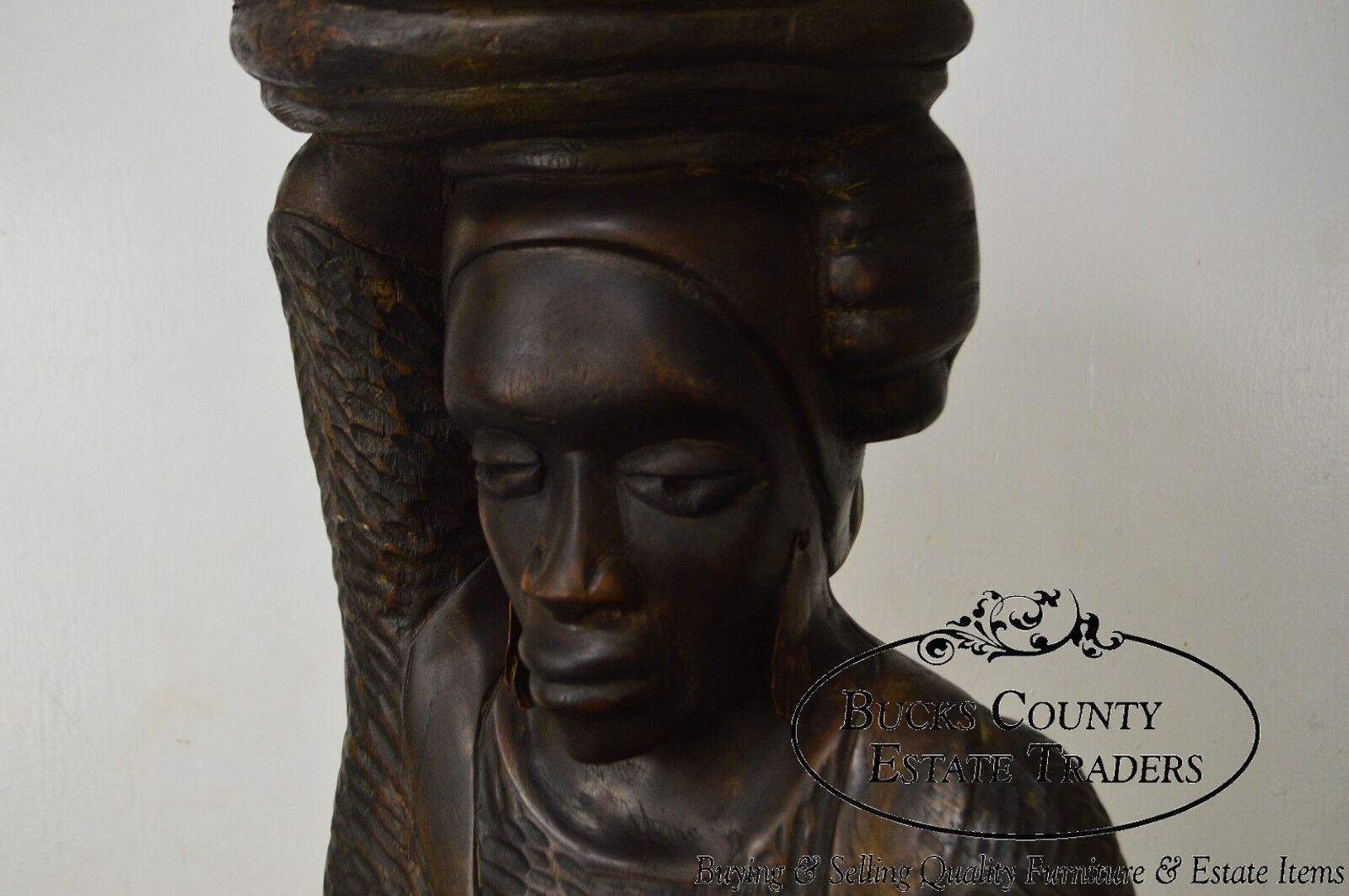 Haitian Vintage Hand Carved Wooden Folk Art Statue Woman Holding Basket on Head