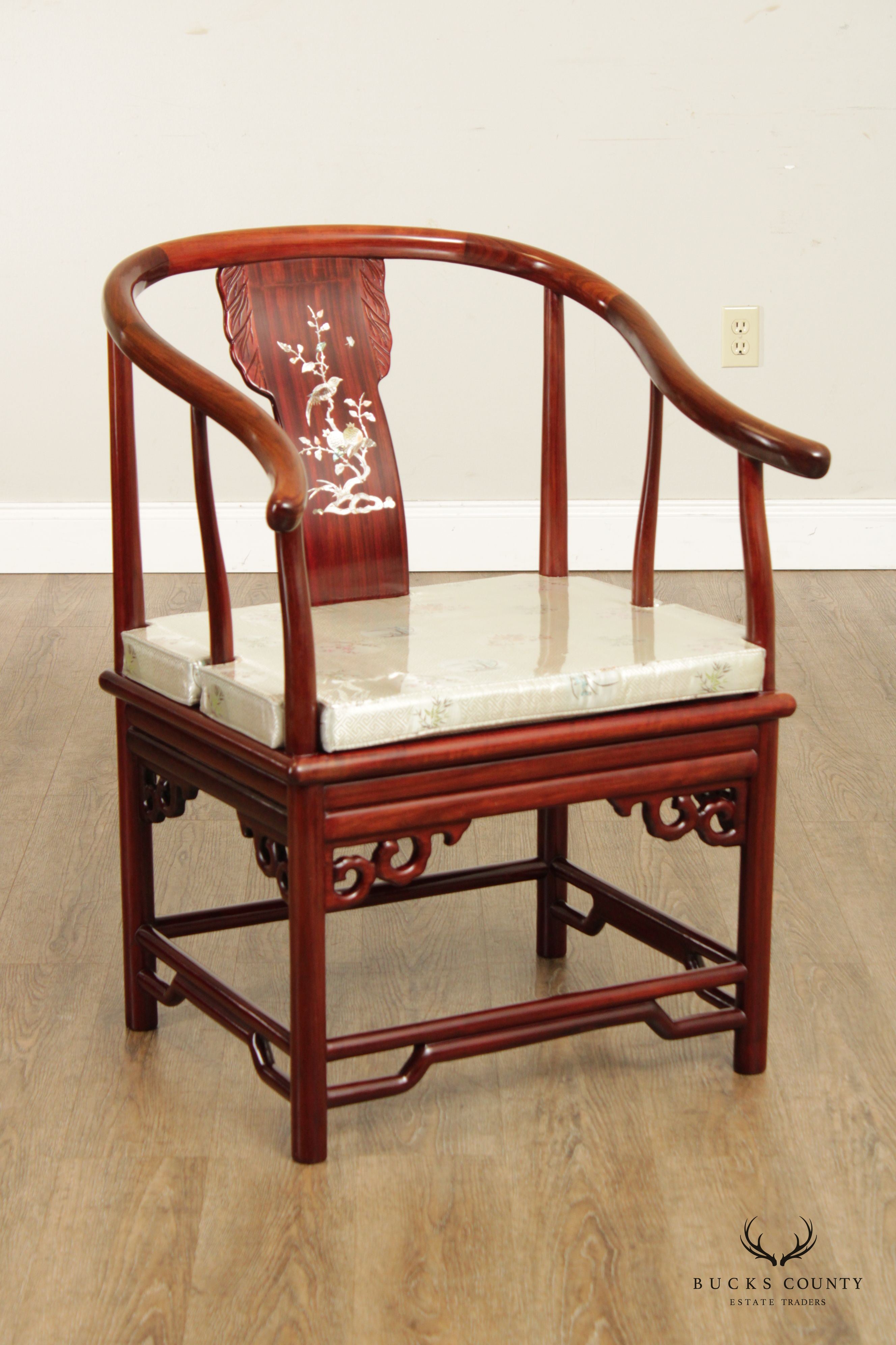 Chinese Pair Rosewood and Mother of Pearl Inlaid Horseshoe Armchairs