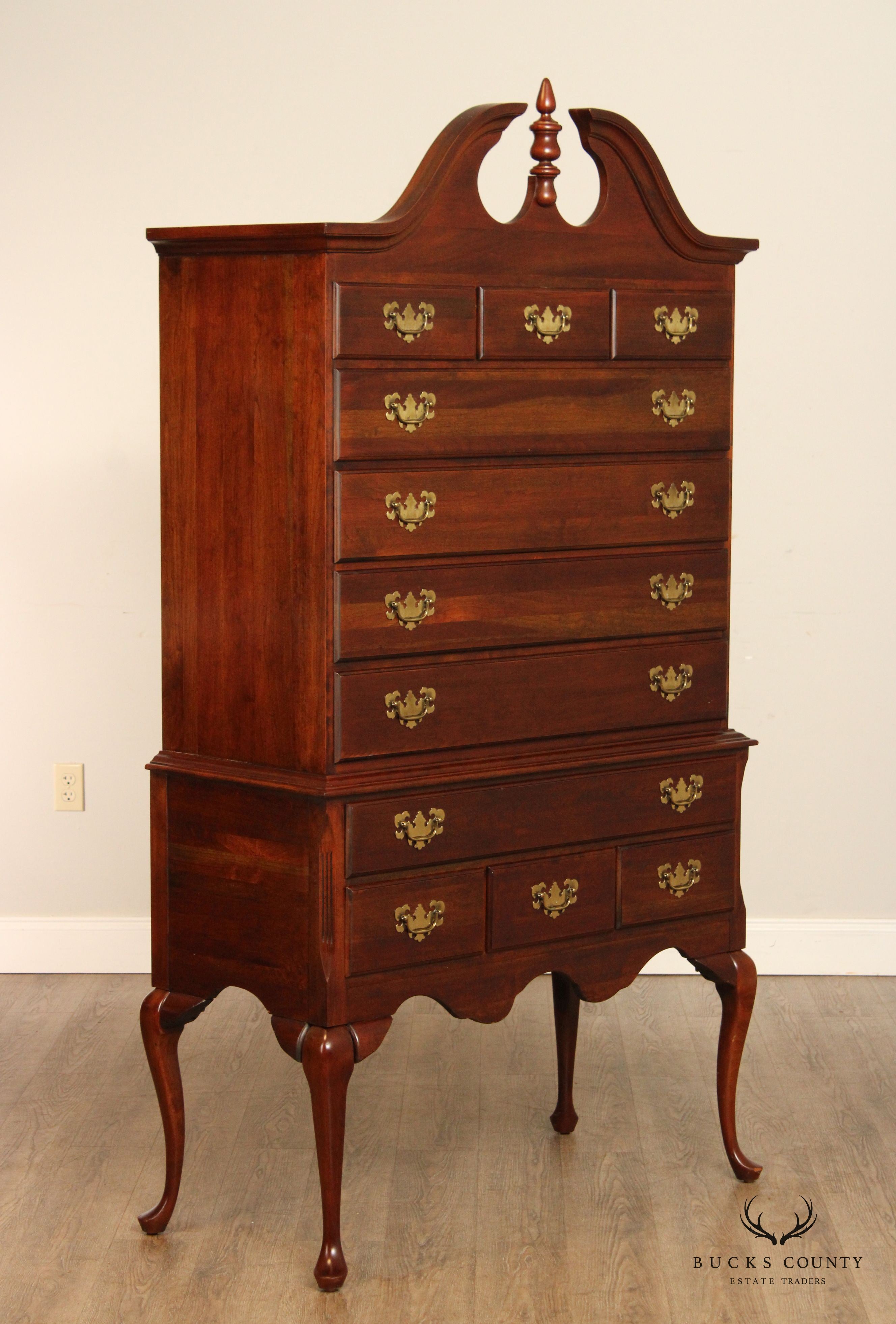 Crescent Queen Anne Style Carved Cherry Highboy Chest