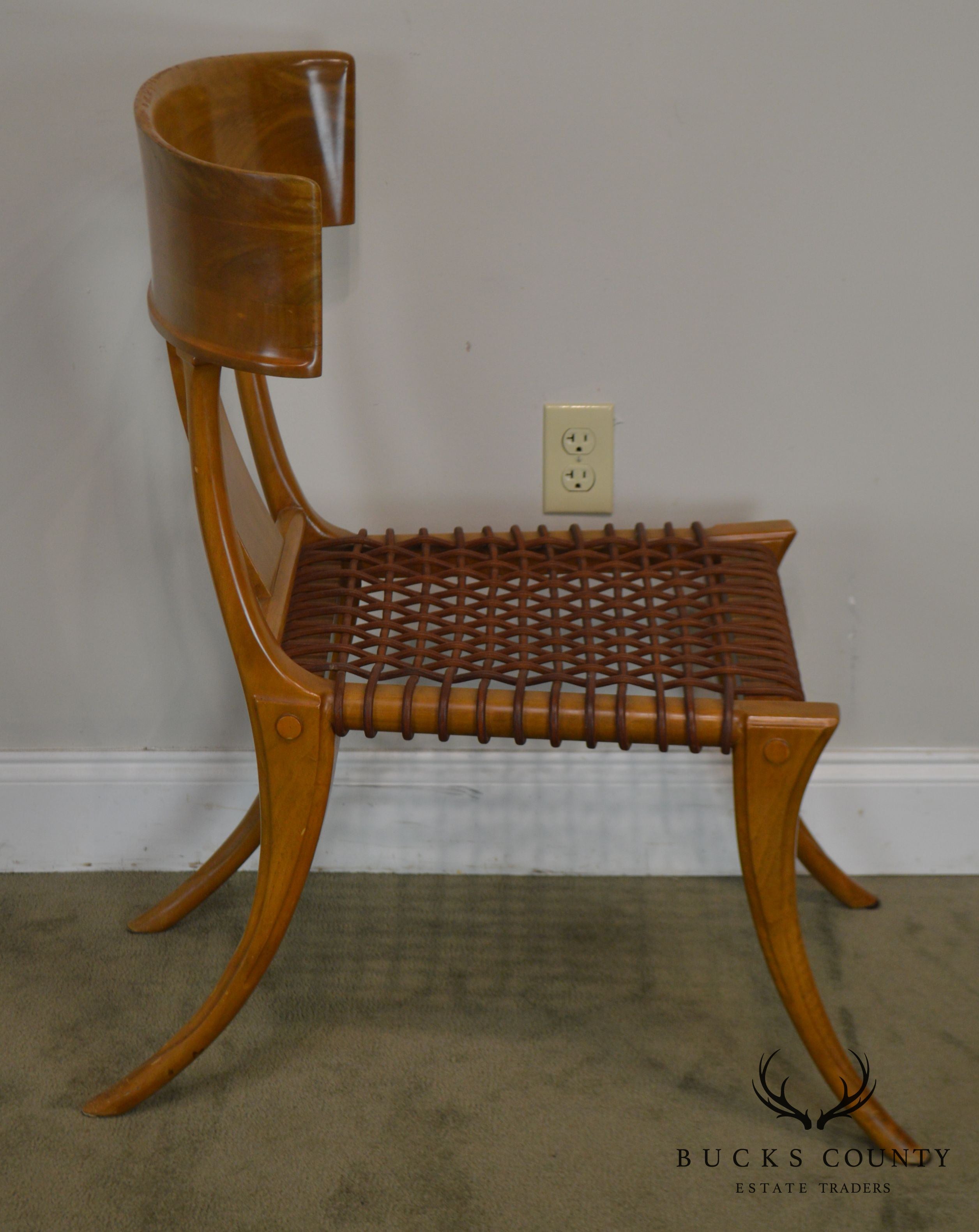 T. H. Robsjohn Gibbings Saridis of Athens Walnut & Leather Pair Klismos Chairs