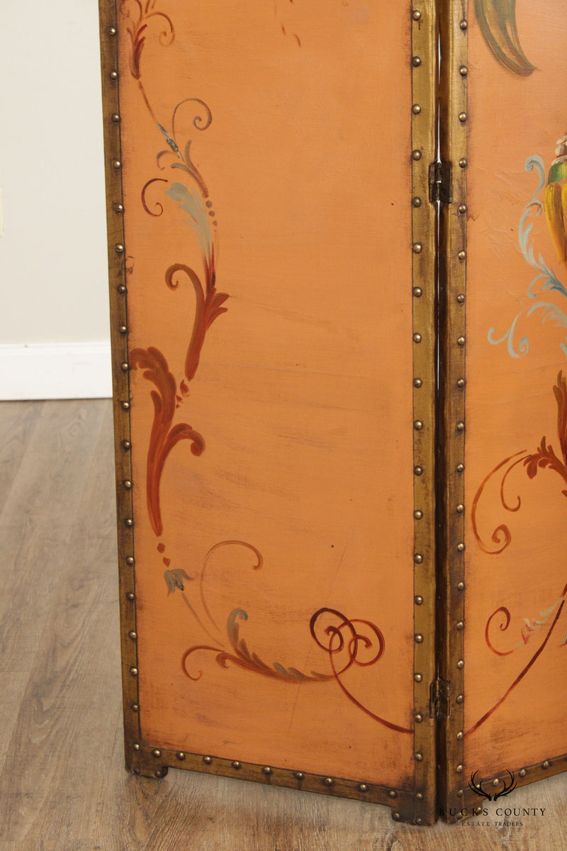 Antique Victorian Floral Painted Leather Folding Screen