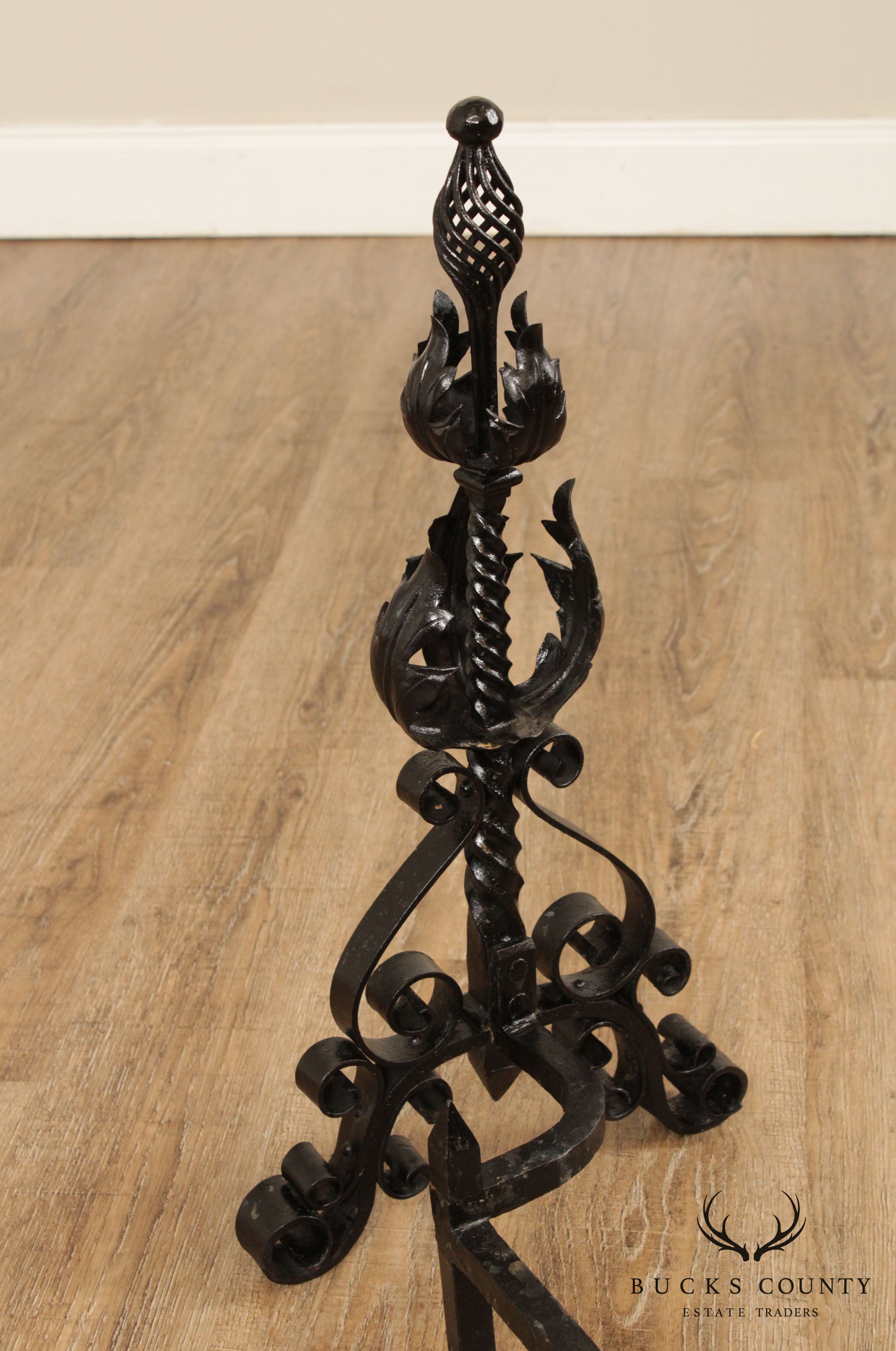 Quality Vintage Pair Wrought Iron Andirons