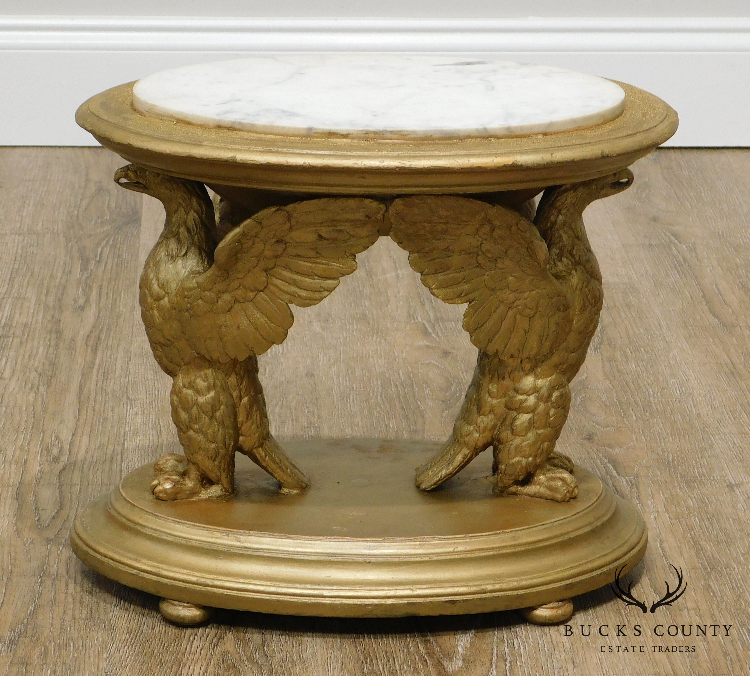 Antique Gilt Wood Carved Winged Eagle Small Marble Top Side Table