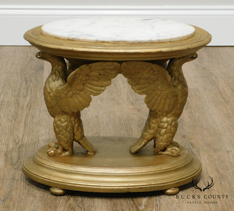 Antique Gilt Wood Carved Winged Eagle Small Marble Top Side Table