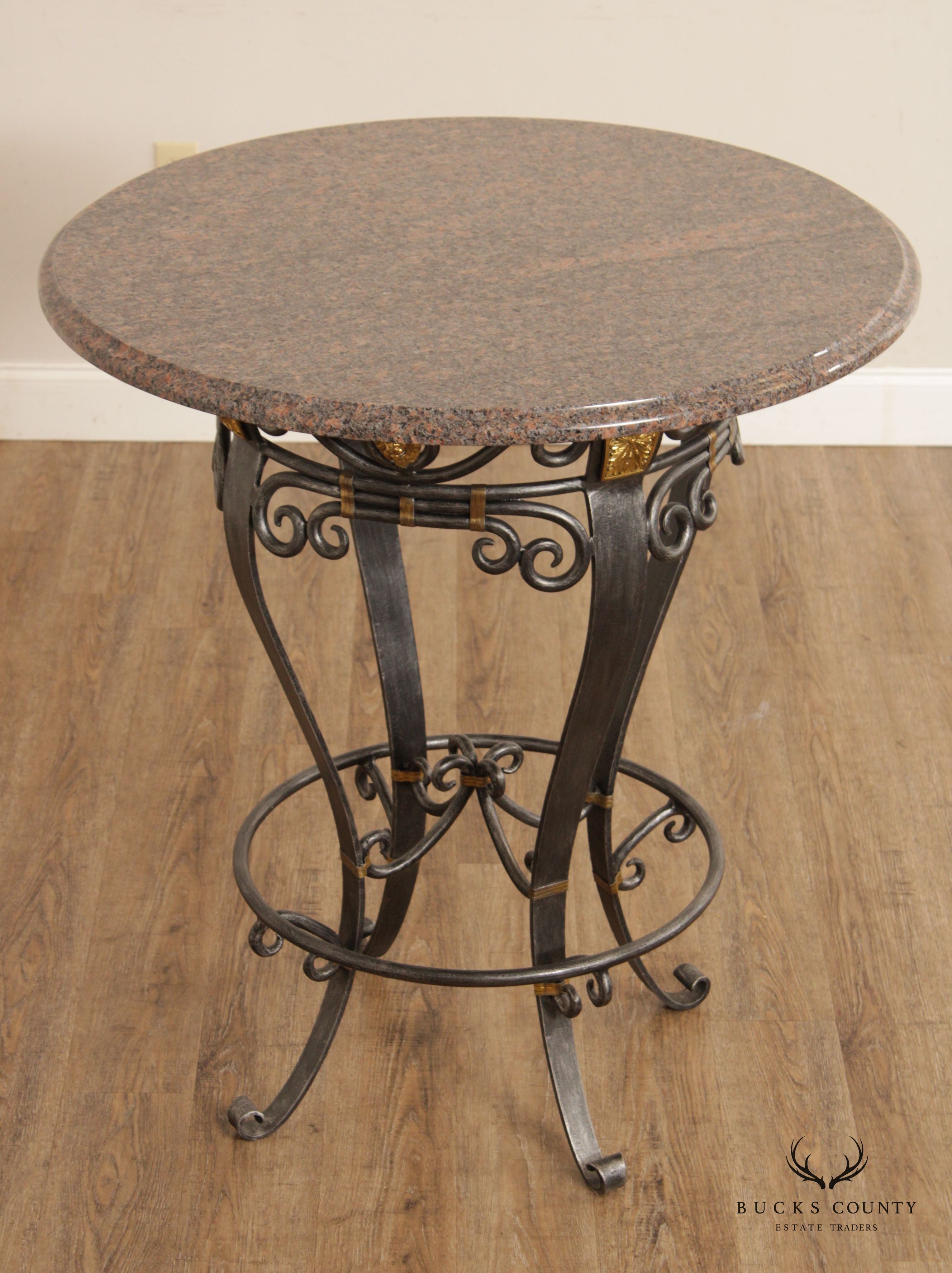 Labarge Neoclassical Style Wrought Iron Stone Top Round Pub Table