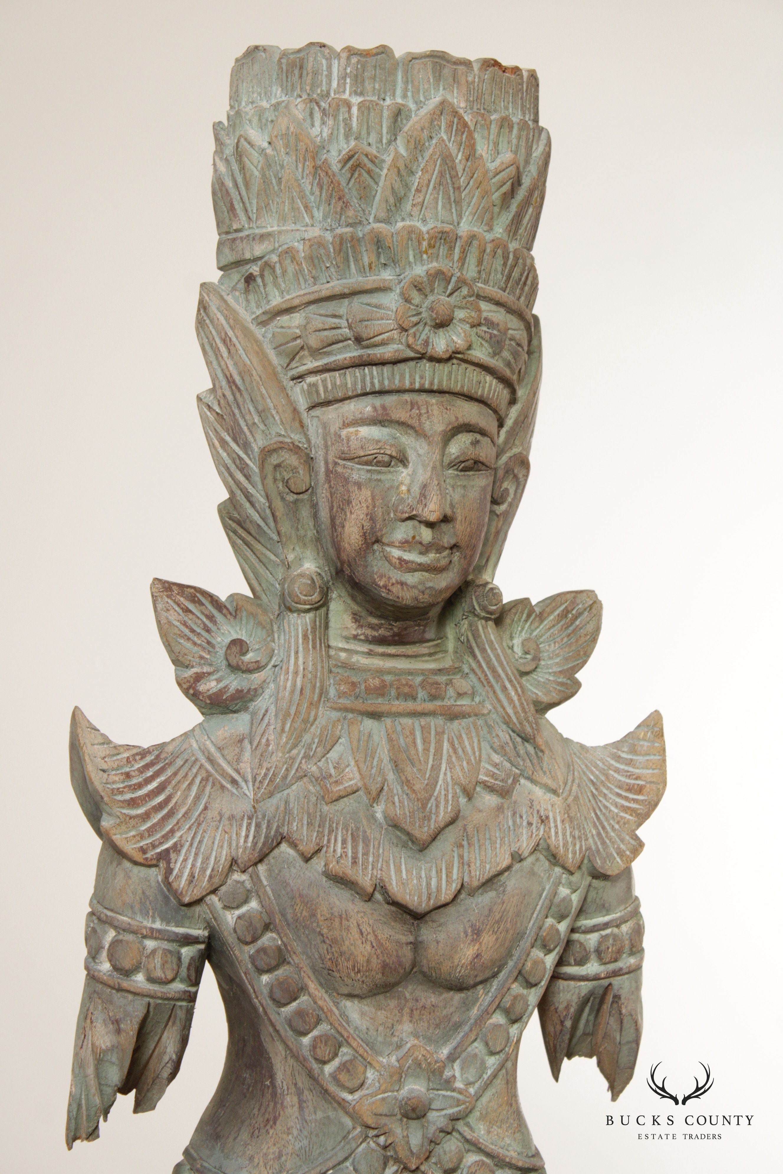 Thai Style Wood Carved Life-Size Standing Goddess