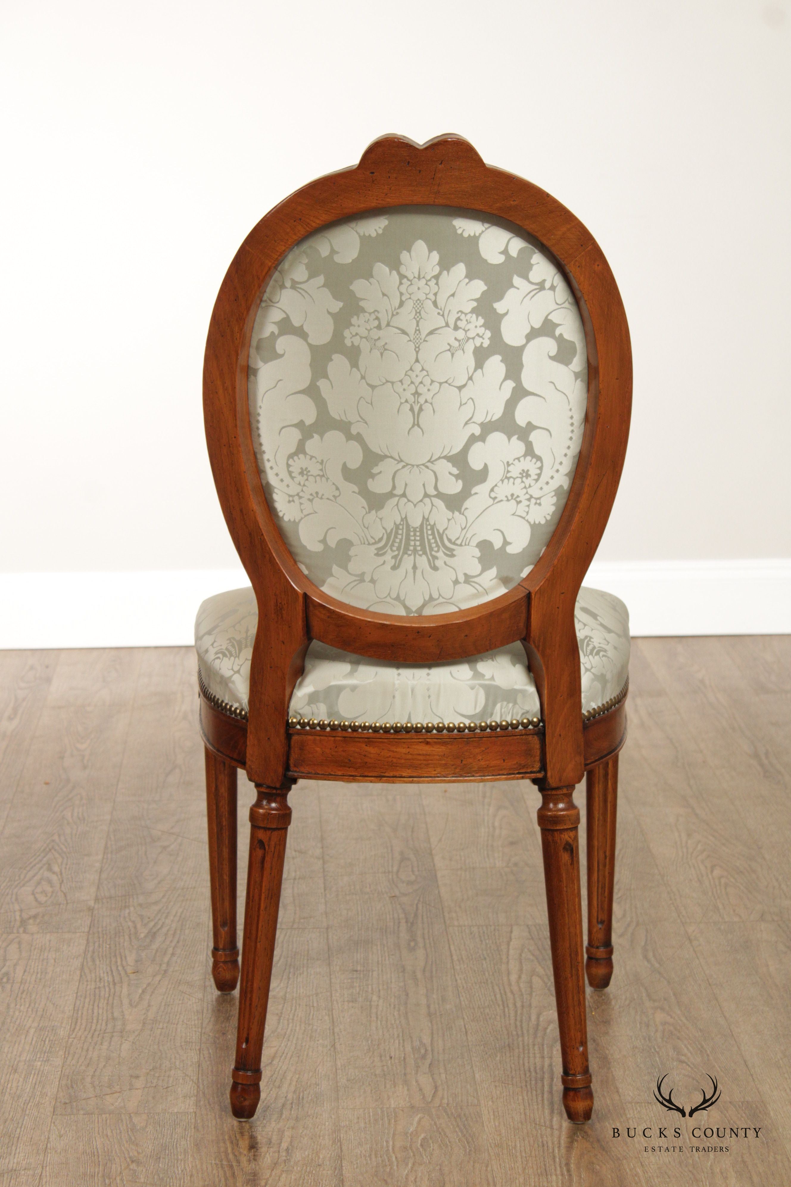 French Louis XVI Style Set of Six Carved Walnut Oval Back Dining Chairs