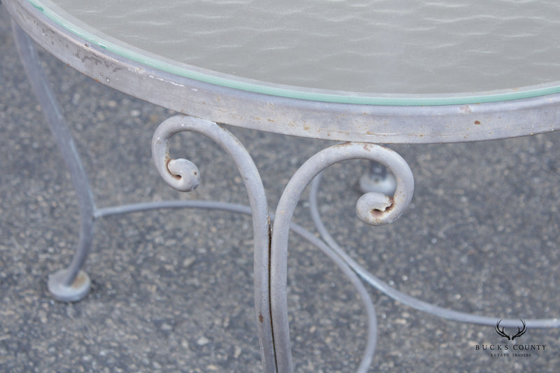 French Style Vintage Scrolled Wrought Iron Round Glass Top Outdoor Cocktail Table