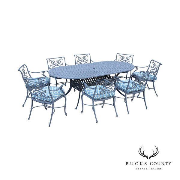 CAST ALUMINUM OUTDOOR PATIO DINING TABLE AND SET OF EIGHT CHAIRS