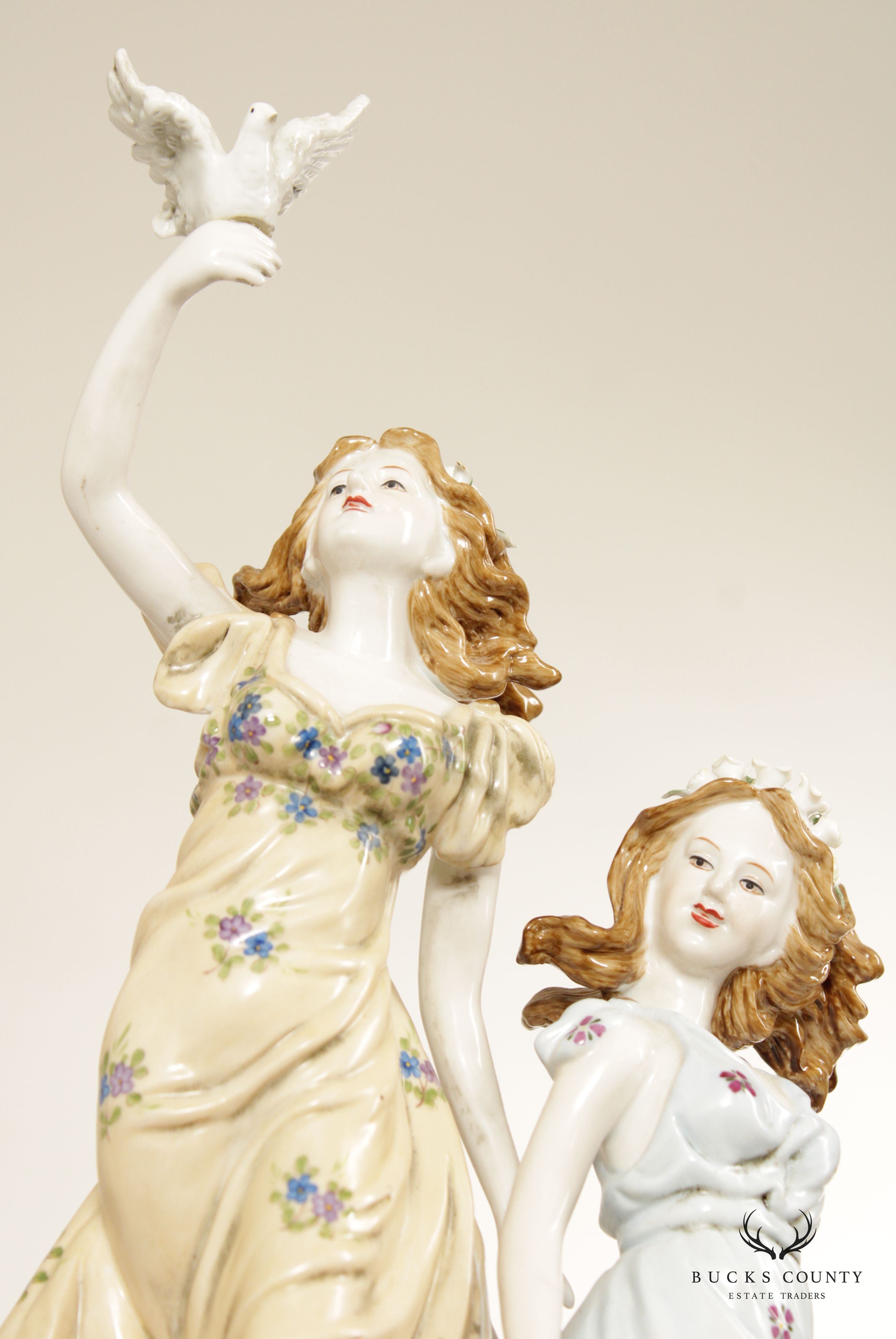 Rococo Style Ladies with Dove Porcelain Figurines