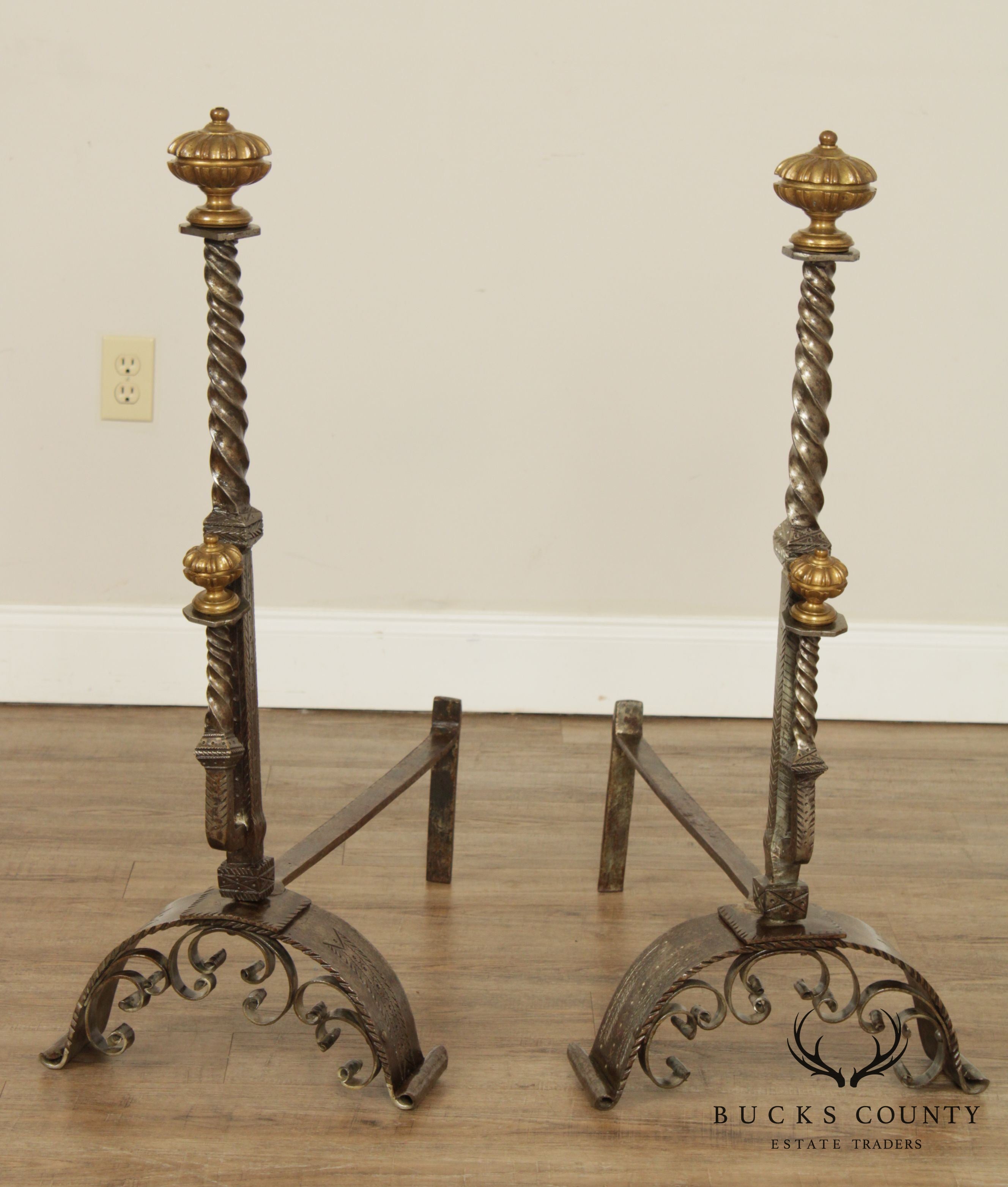 Antique Aesthetic Movement Pair of Tall Brass & Iron Andirons