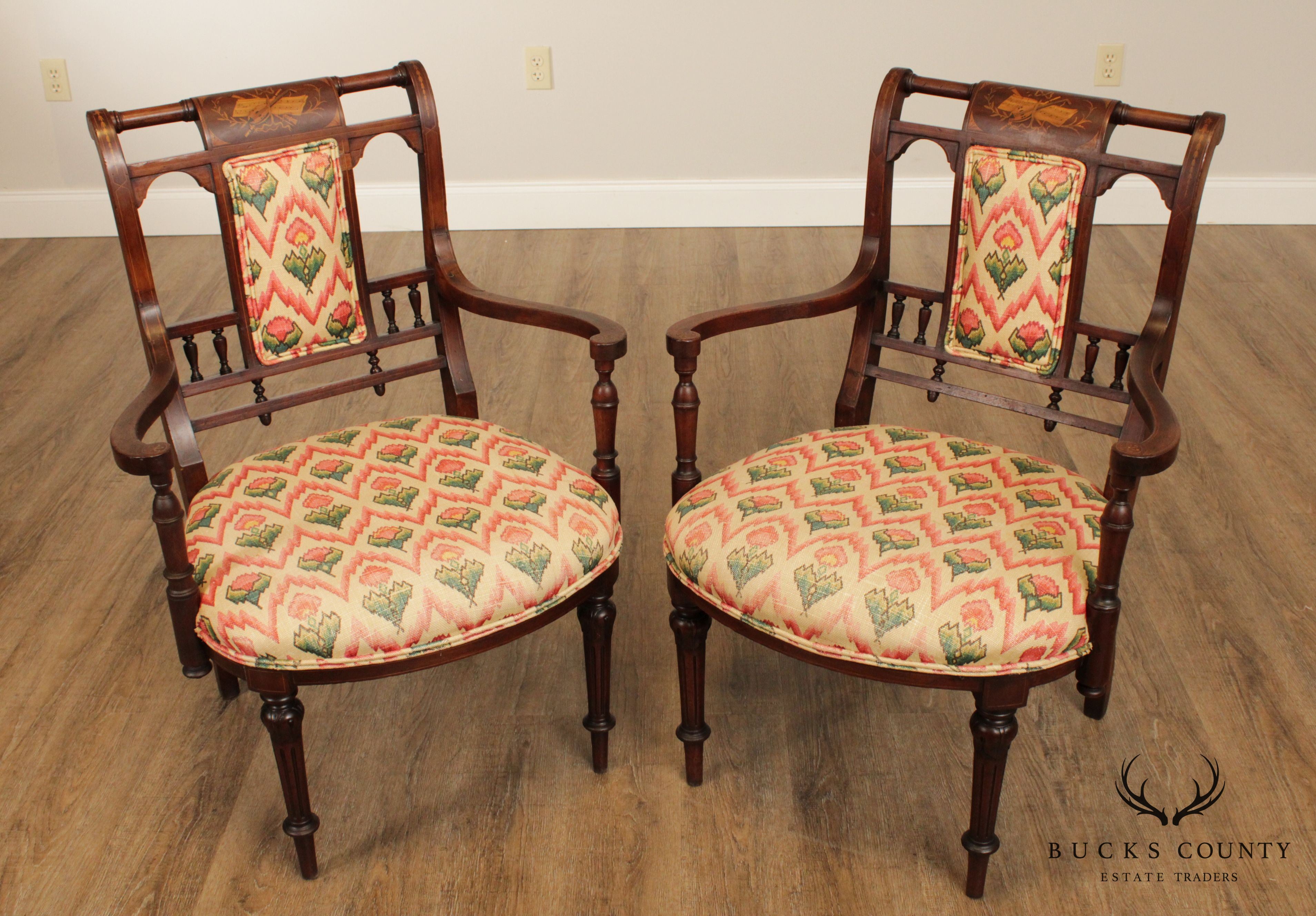 Antique Eglantine Marquetry Inlaid Pair Walnut Armchairs