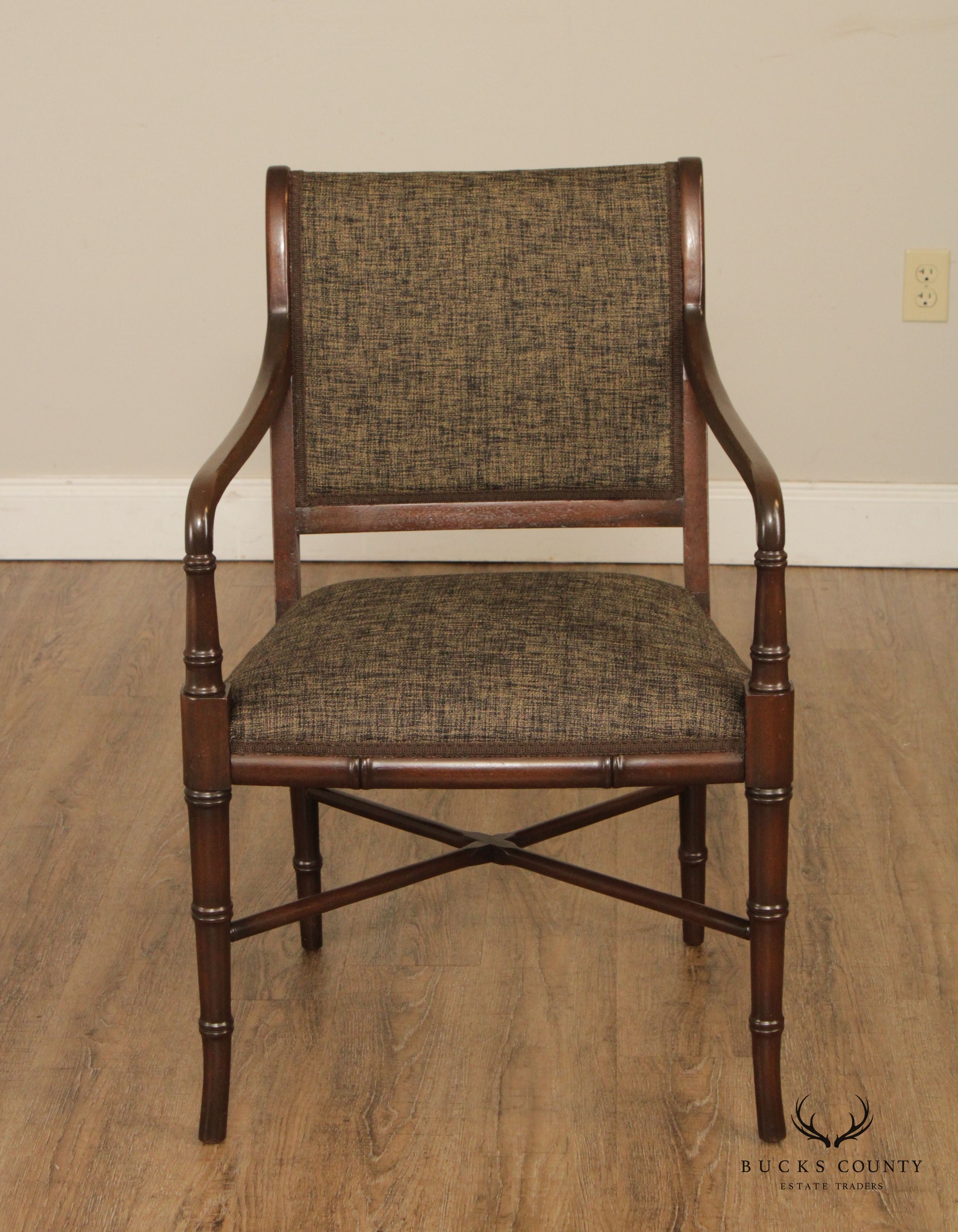 Regency Style Pair Faux Bamboo Mahogany Arm Chairs