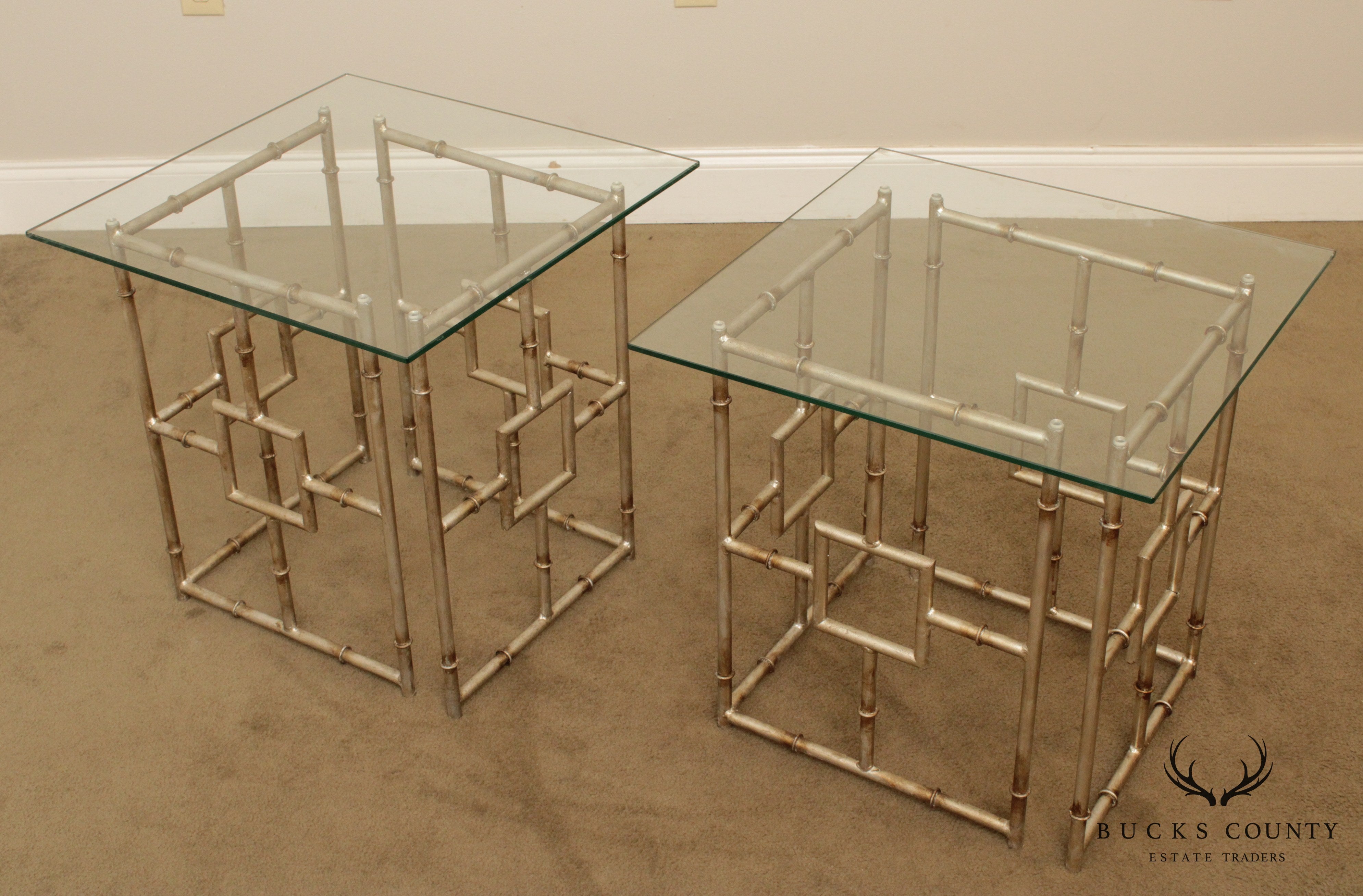 Hollywood Regency Style Faux Bamboo Silver Gilt Pair Glass Top Side Tables