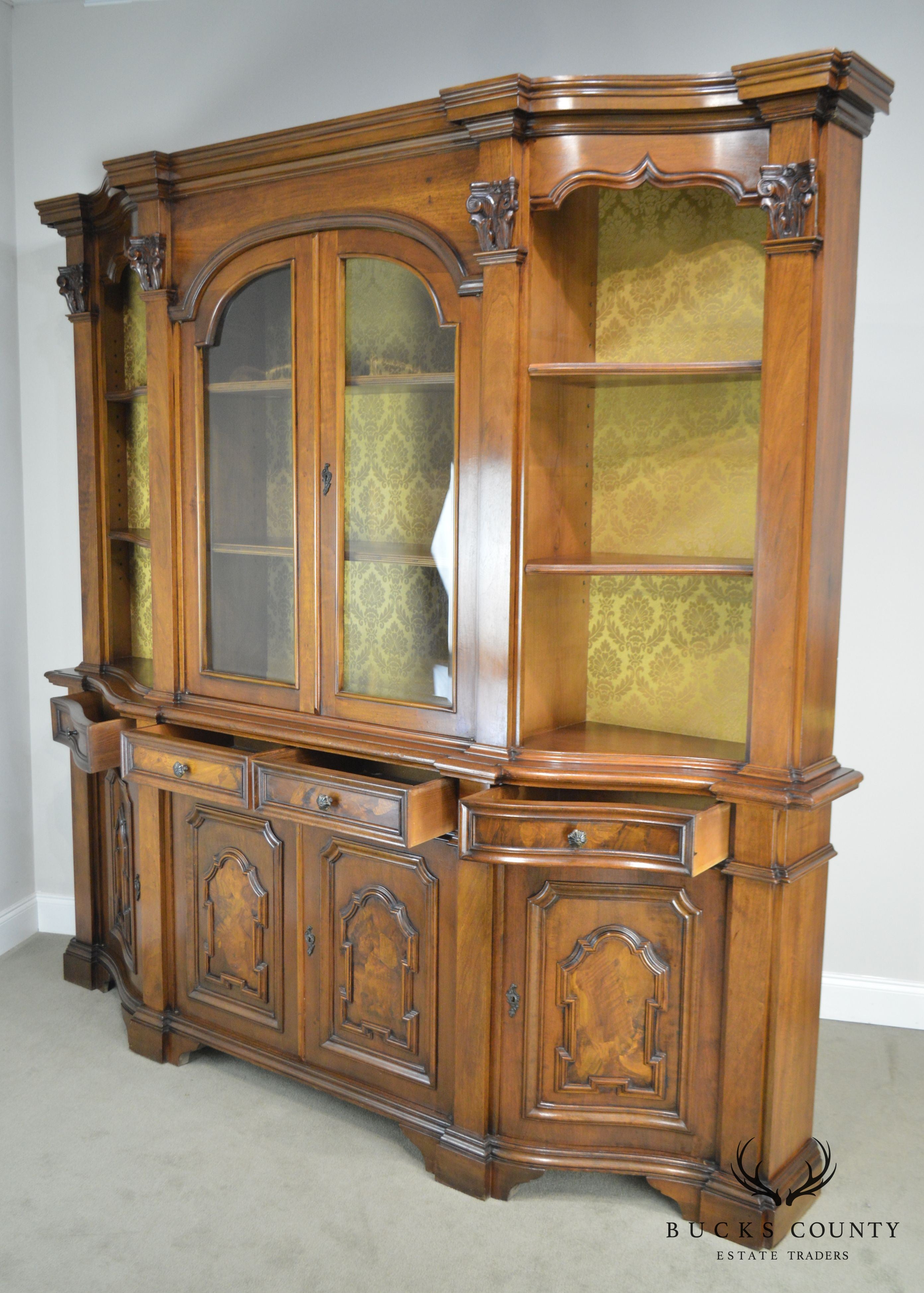 Italian Walnut Vintage 1960's Large Walnut Bookcase Breakfront