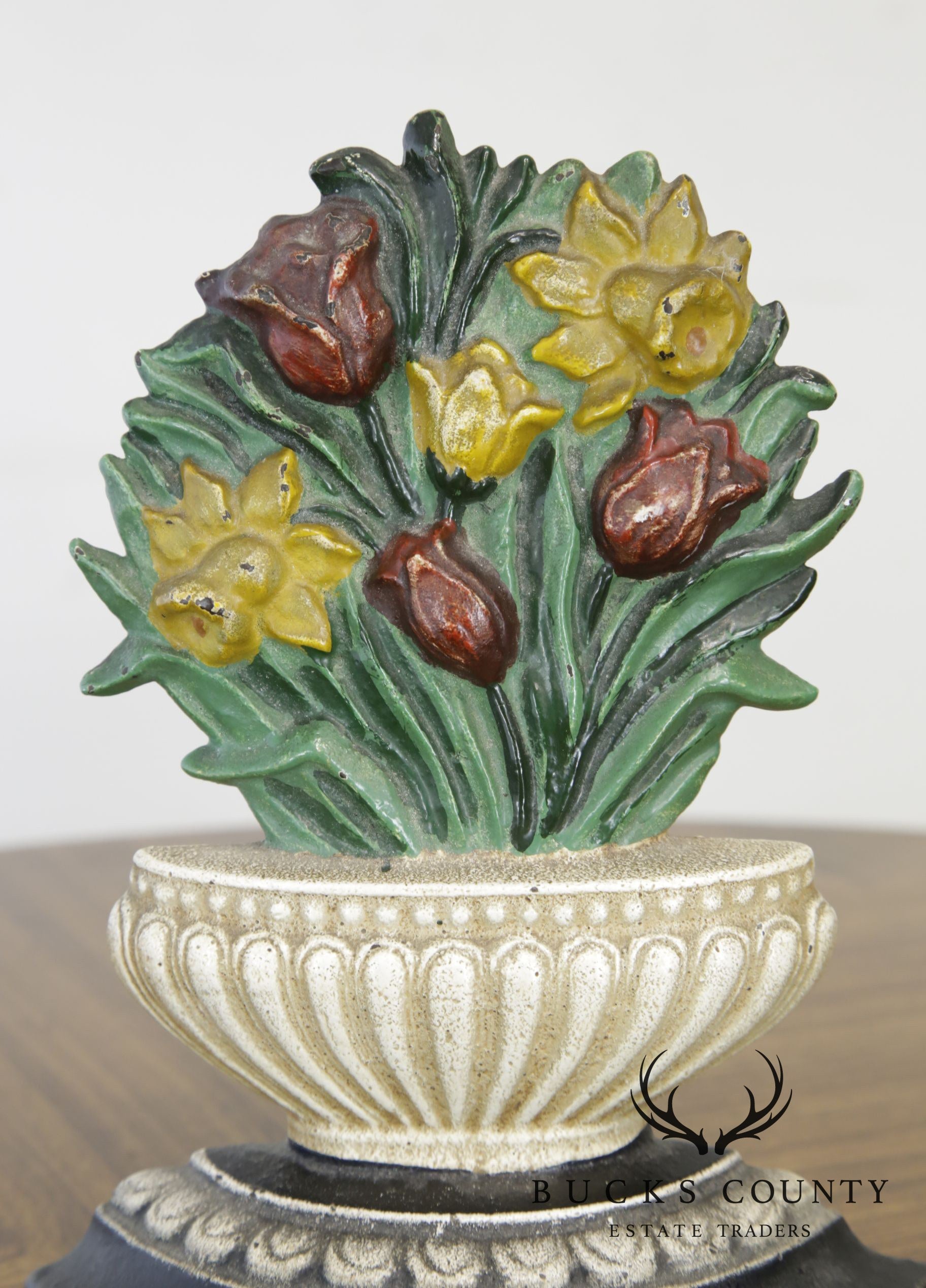 Unusual Flower Basket Cast Iron Door Stop. Tulips & Daffodils