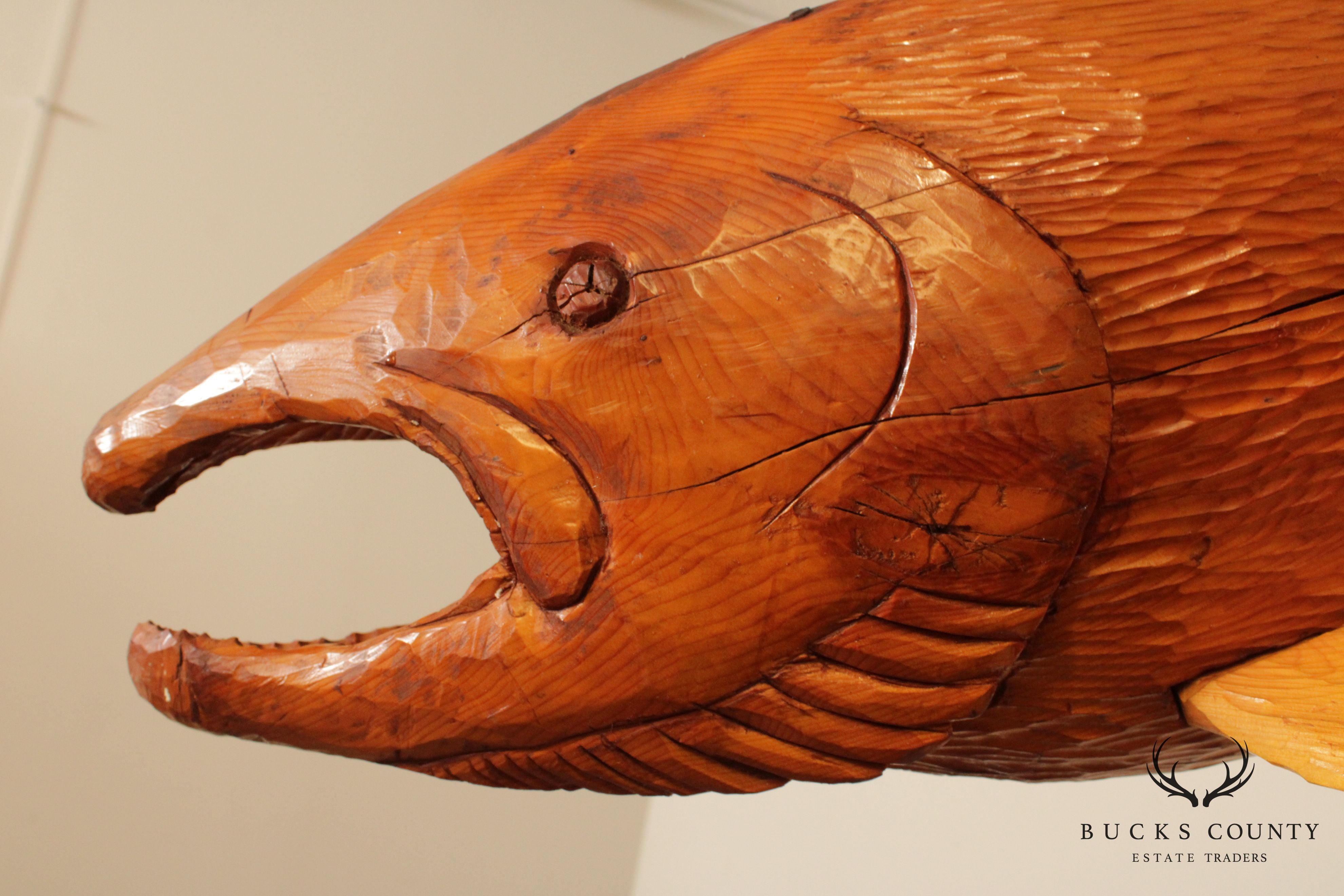 Vintage Rustic Wood Carved Salmon