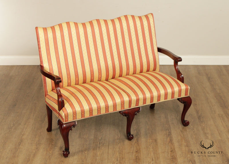 Georgian Style Carved Mahogany And Upholstered High Back Settee