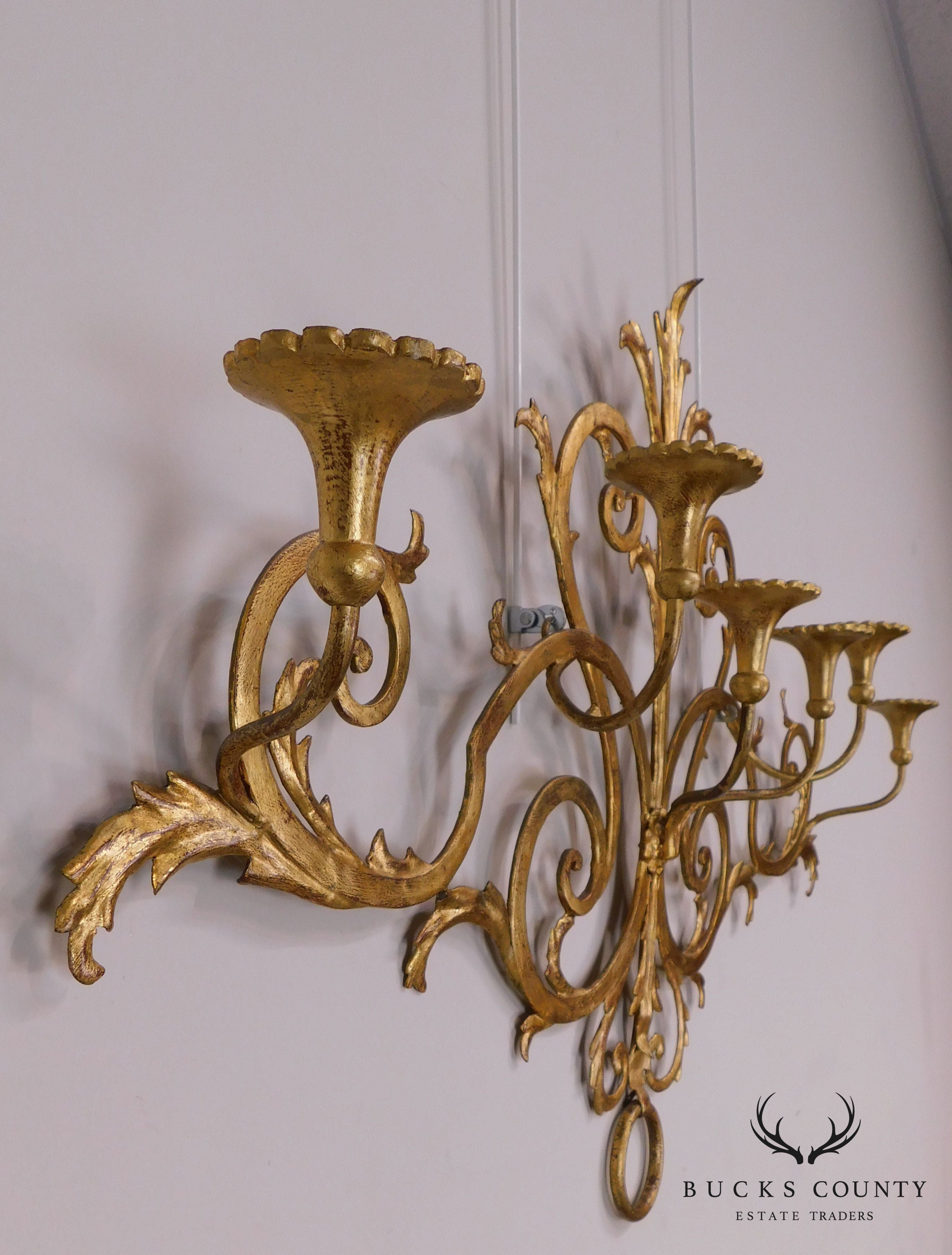 1950's Italian Gilt Metal Large 6 Candle Holder Wall Sconce