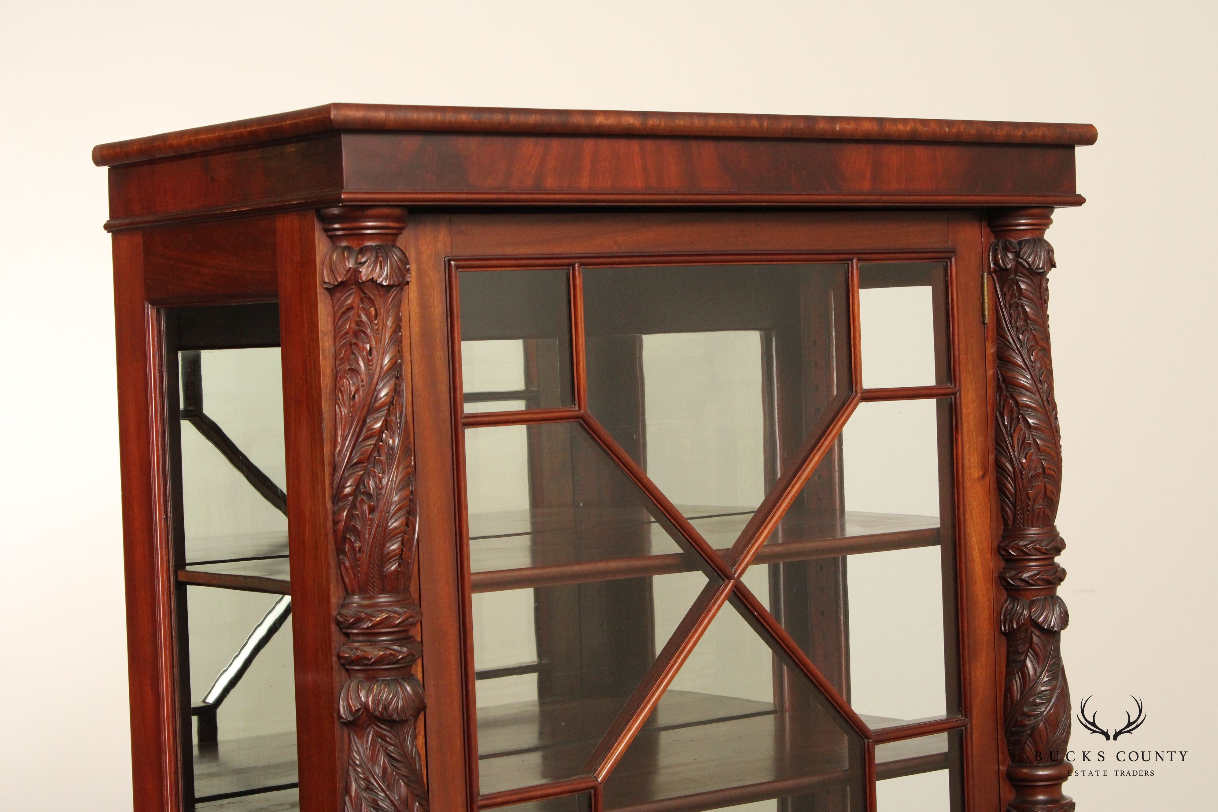 Antique Pair of American Empire Carved Acanthus and Paw Foot Mahogany China Cabinet Bookcases