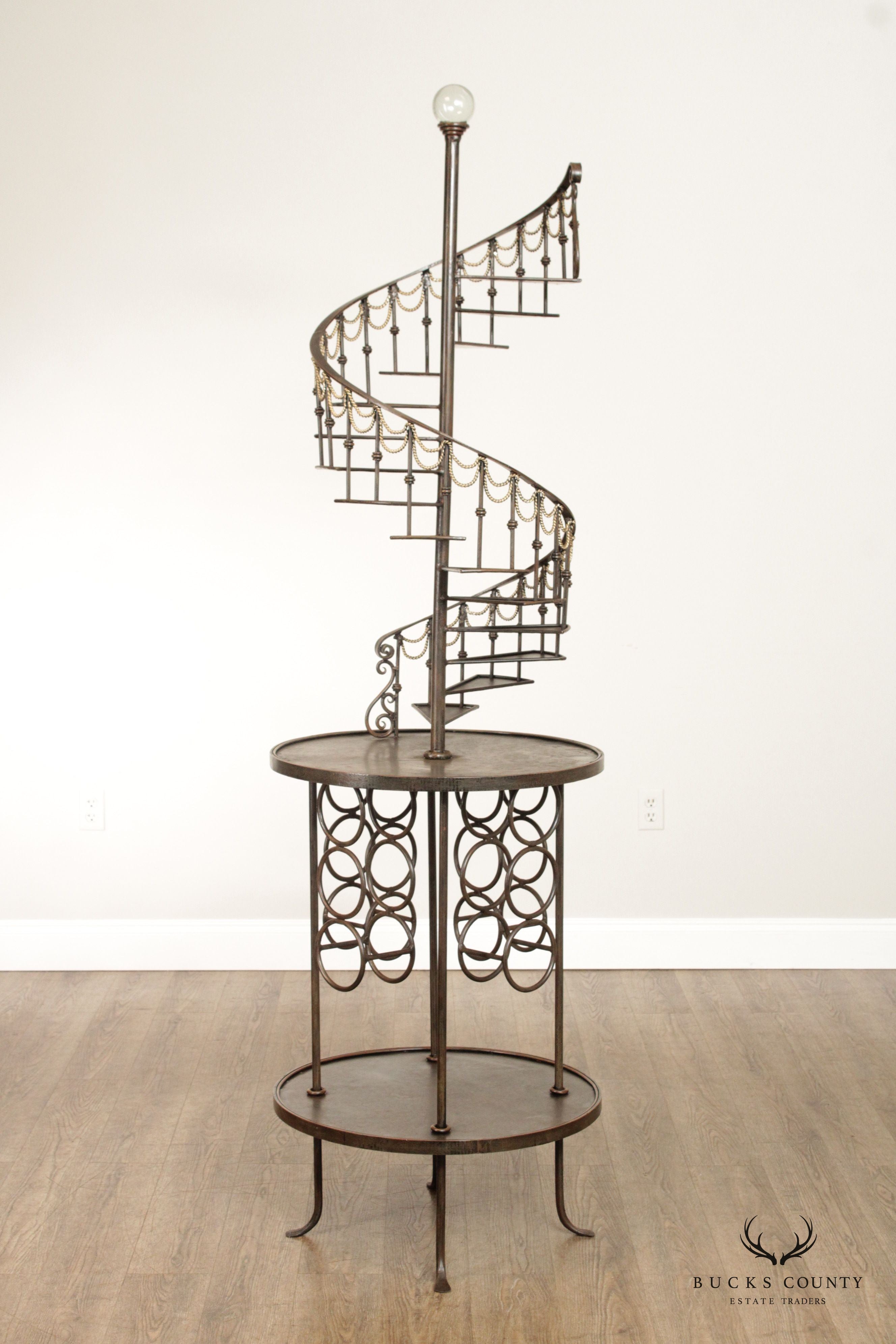 QUALITY WROUGHT IRON SPIRAL STAIRCASE ETAGERE WINE RACK