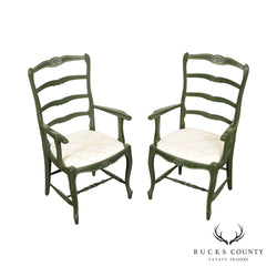 French Country Style Pair of Green Painted Ladder Back  Armchairs