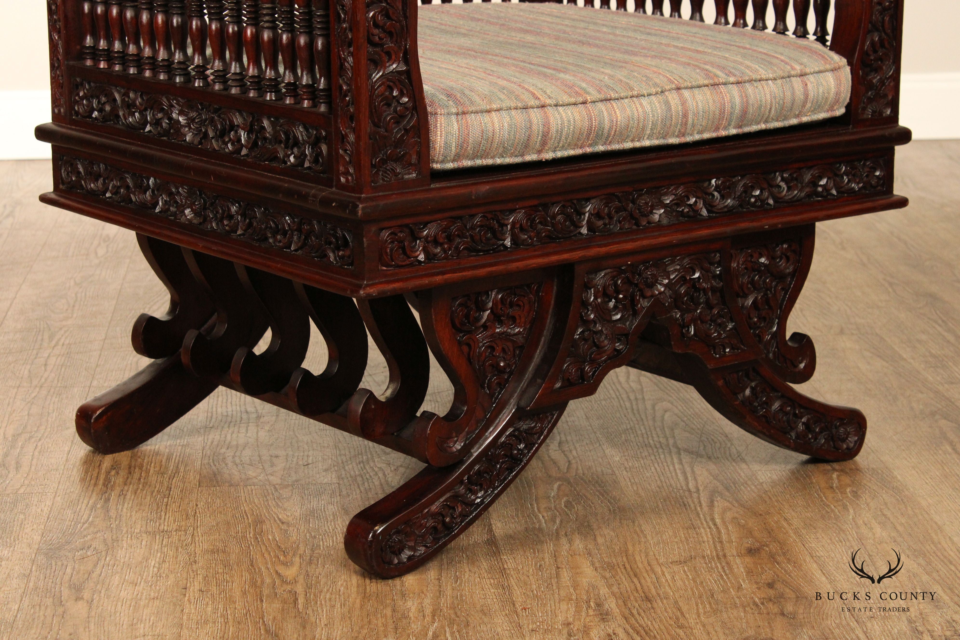 Thai Pair of Carved Teak Elephant Saddle Howdah Chairs