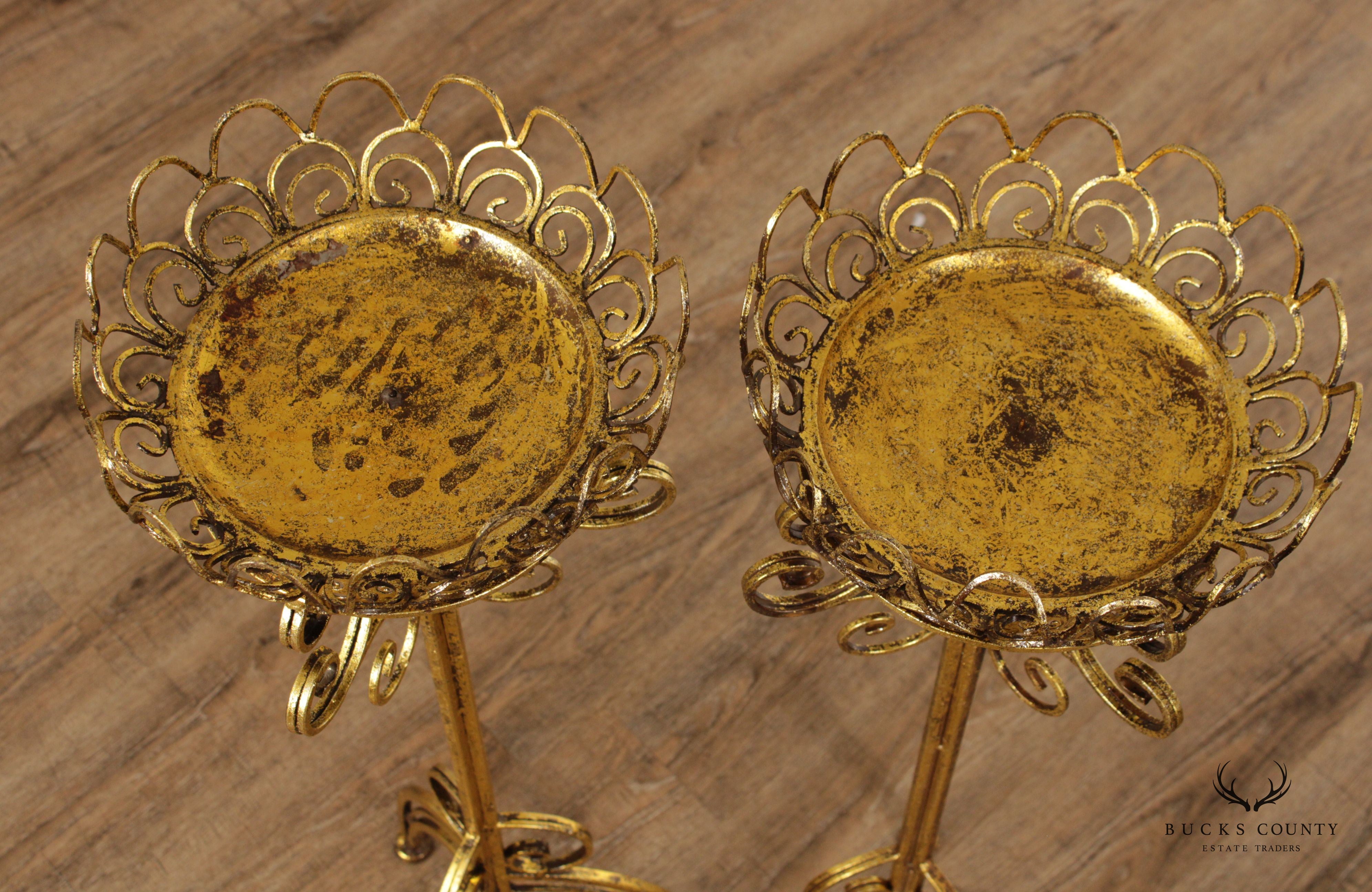 Hollywood Regency Pair Gilt Metal Scroll Candle Stands