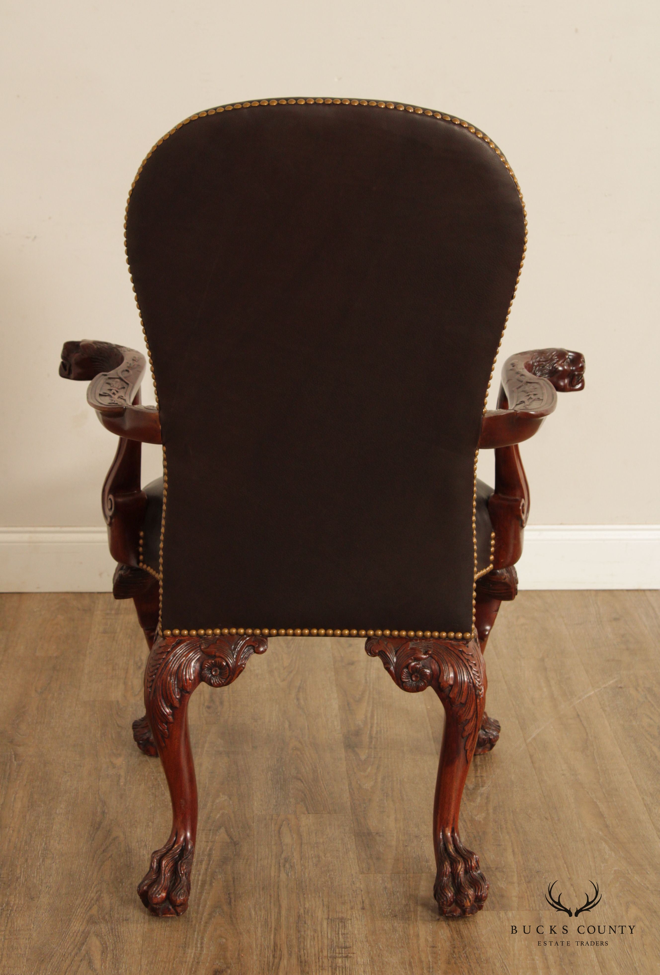 Maitland Smith Georgian Style Lion-Carved Leather Armchair