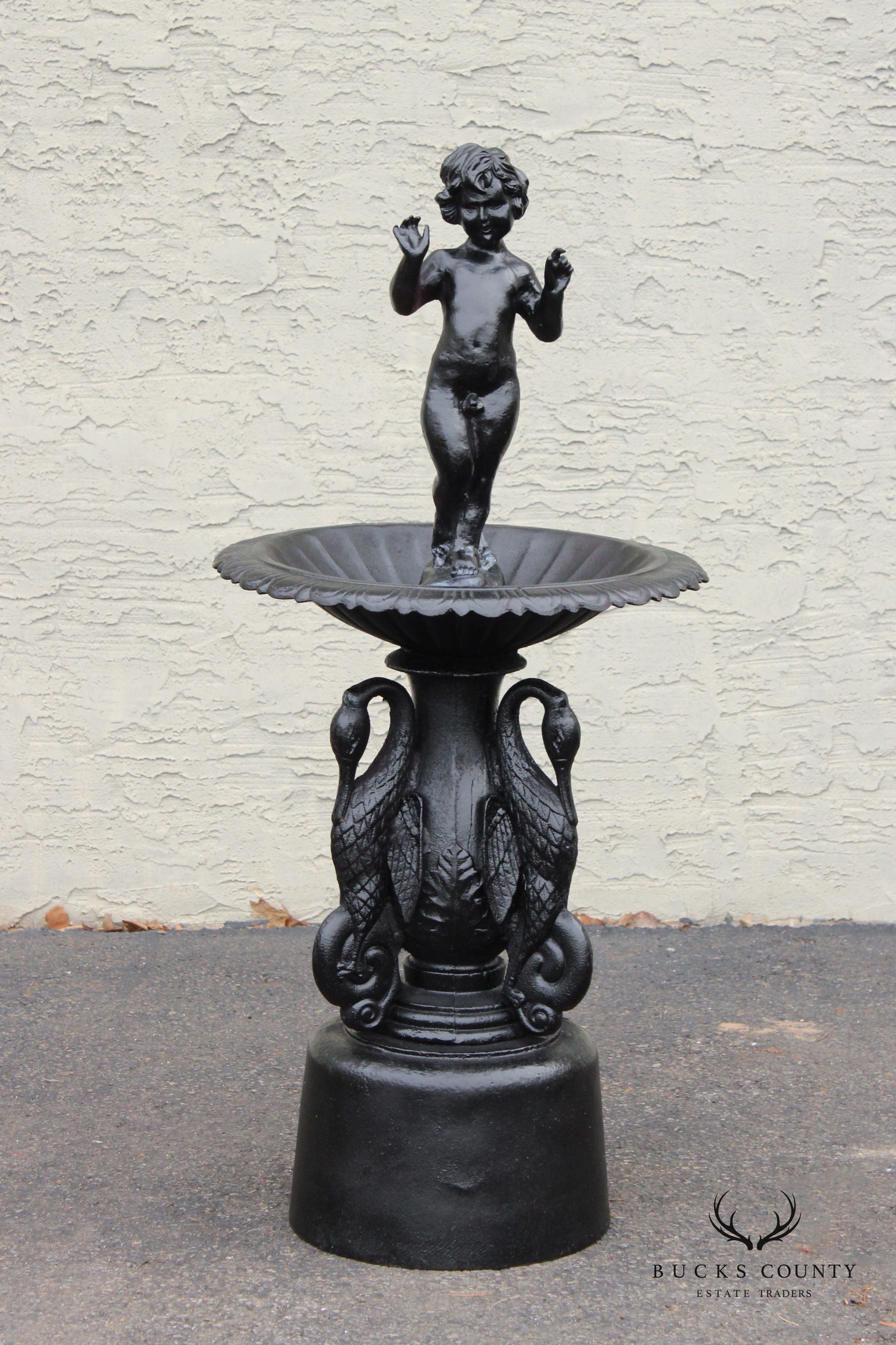 Neoclassical Style Cast Iron Cherub and Swan Garden Bird Bath