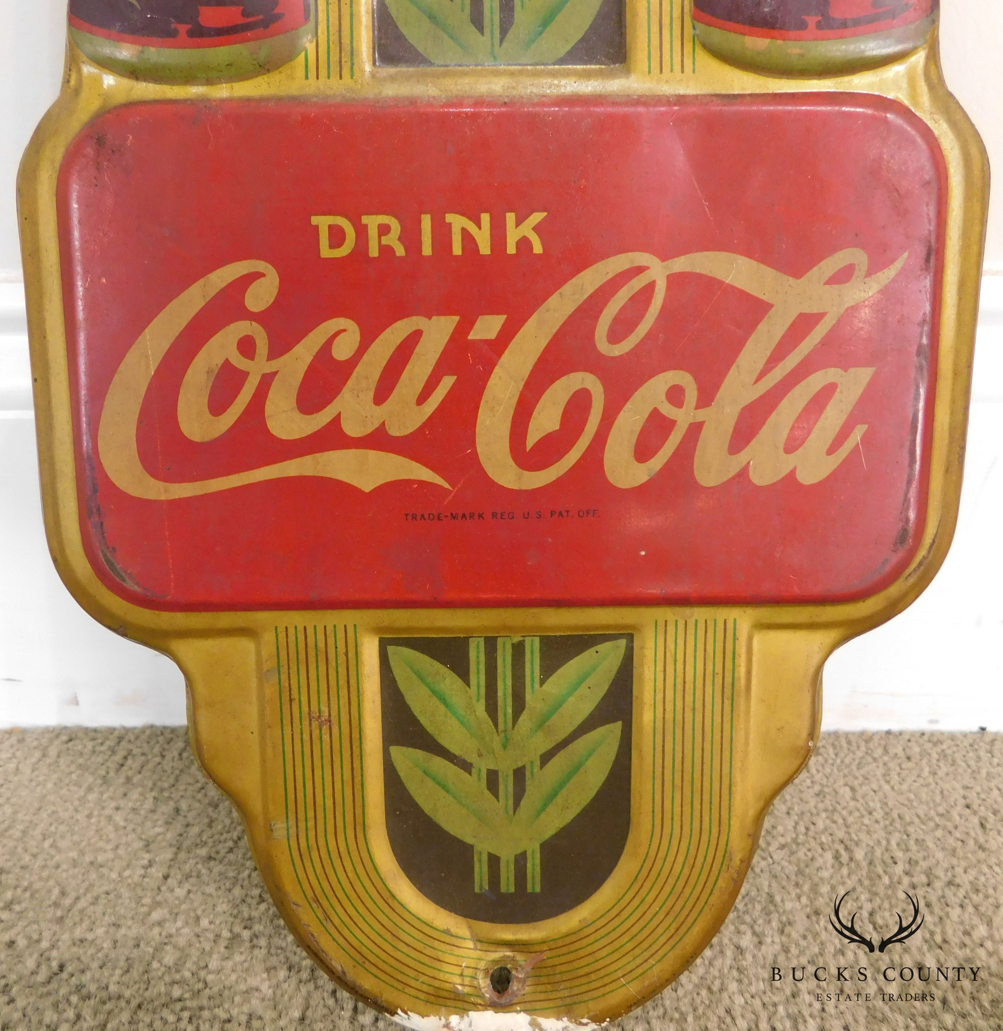 1940's Art Deco Vintage Coca Cola Embossed Tin Advertising Thermometer