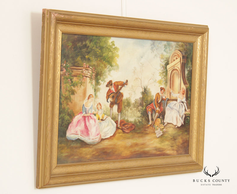 Vintage 20th C. French Rococo Style Garden Scene Painting, After Nicolas Lancret