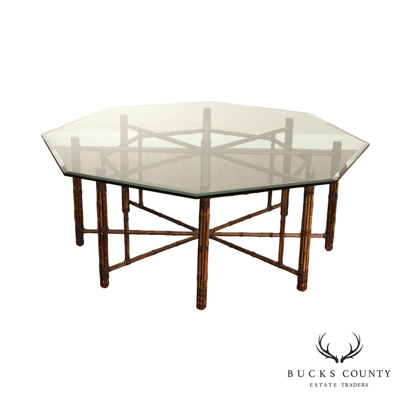 MCGUIRE OCTAGONAL LEATHER STRAPPED BAMBOO AND GLASS TOP LARGE DINING TABLE
