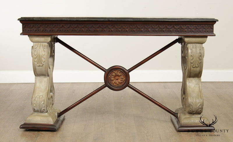 Neoclassical Style Tessellated Marble Top X-Base Console Table (B)