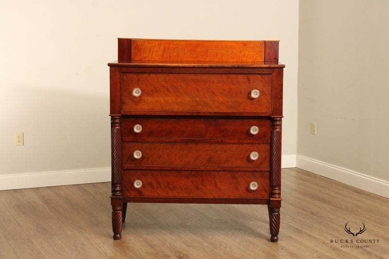 Antique American Sheraton Flame Birch And Tiger Maple Chest of Drawers